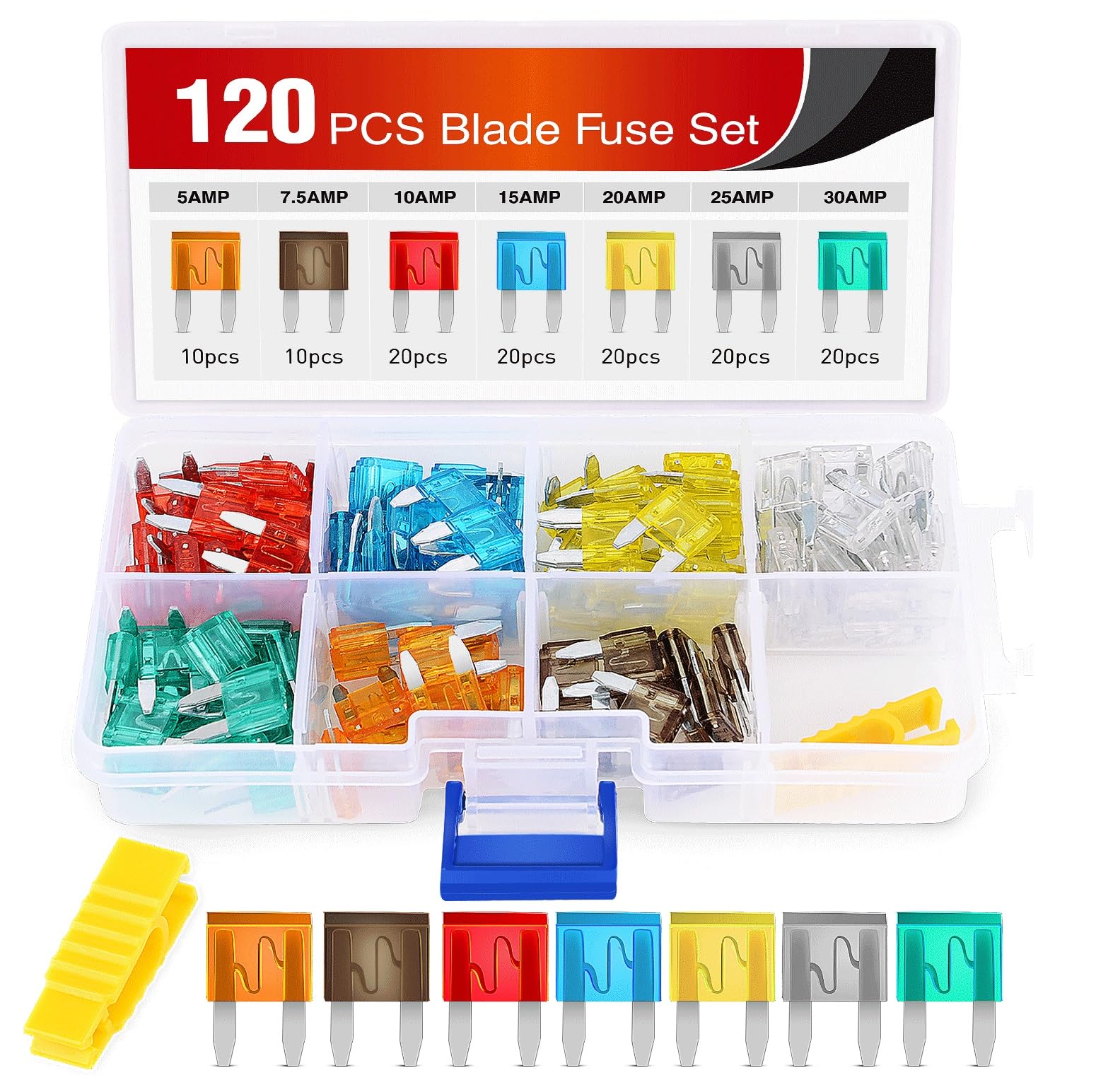 Nilight 120Pcs Blade Fuses Assortment 5, 7.5, 10, 15, 20, 25, 30 AMP Regular Mini ATM/APM Blade Fuses for Cars Trucks Boats Auto