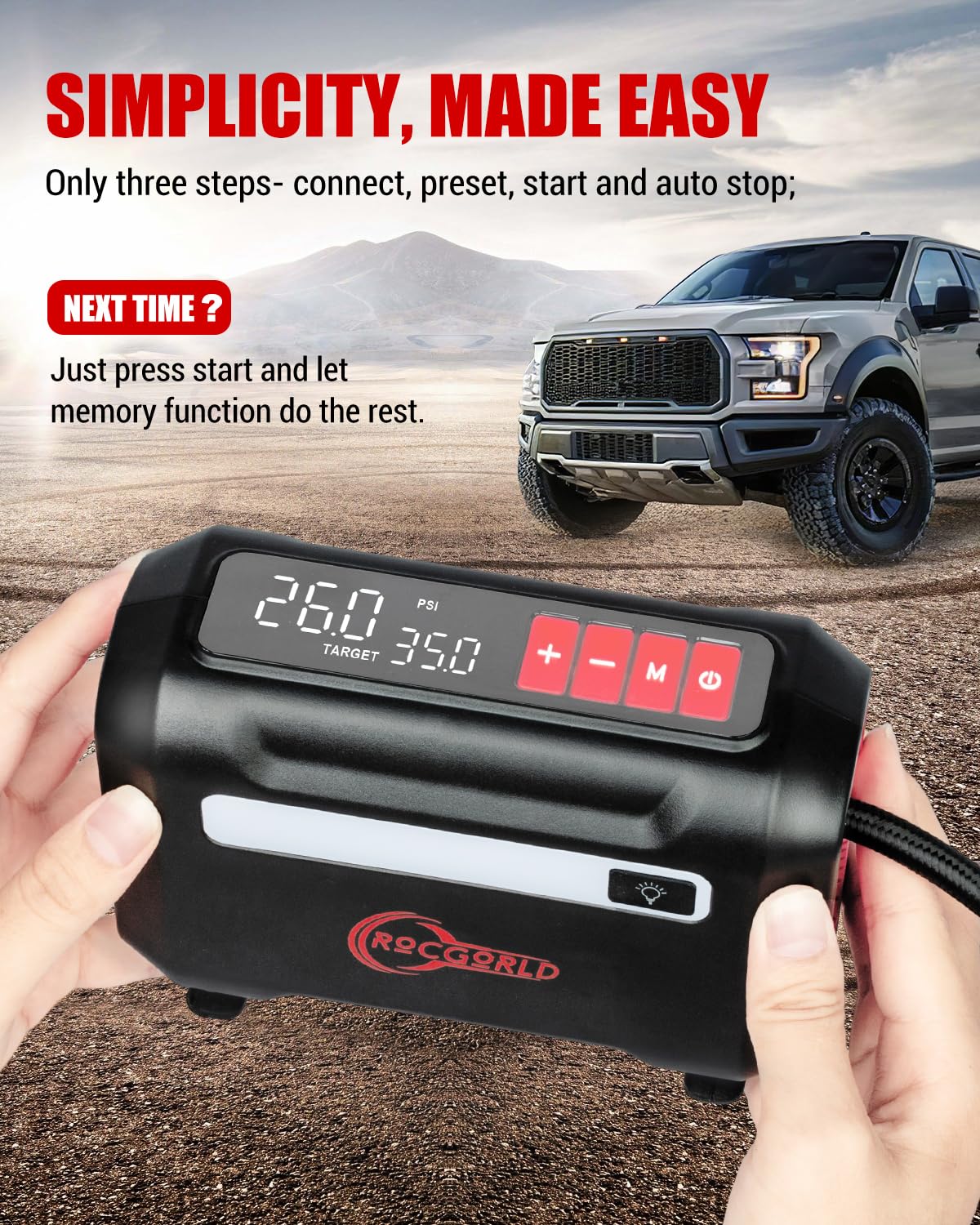 ROCGORLD R8 Portable Air Compressor - DC 12V Tire Inflator with Dual Digital Screen, Fast Inflation, Red, Plastic