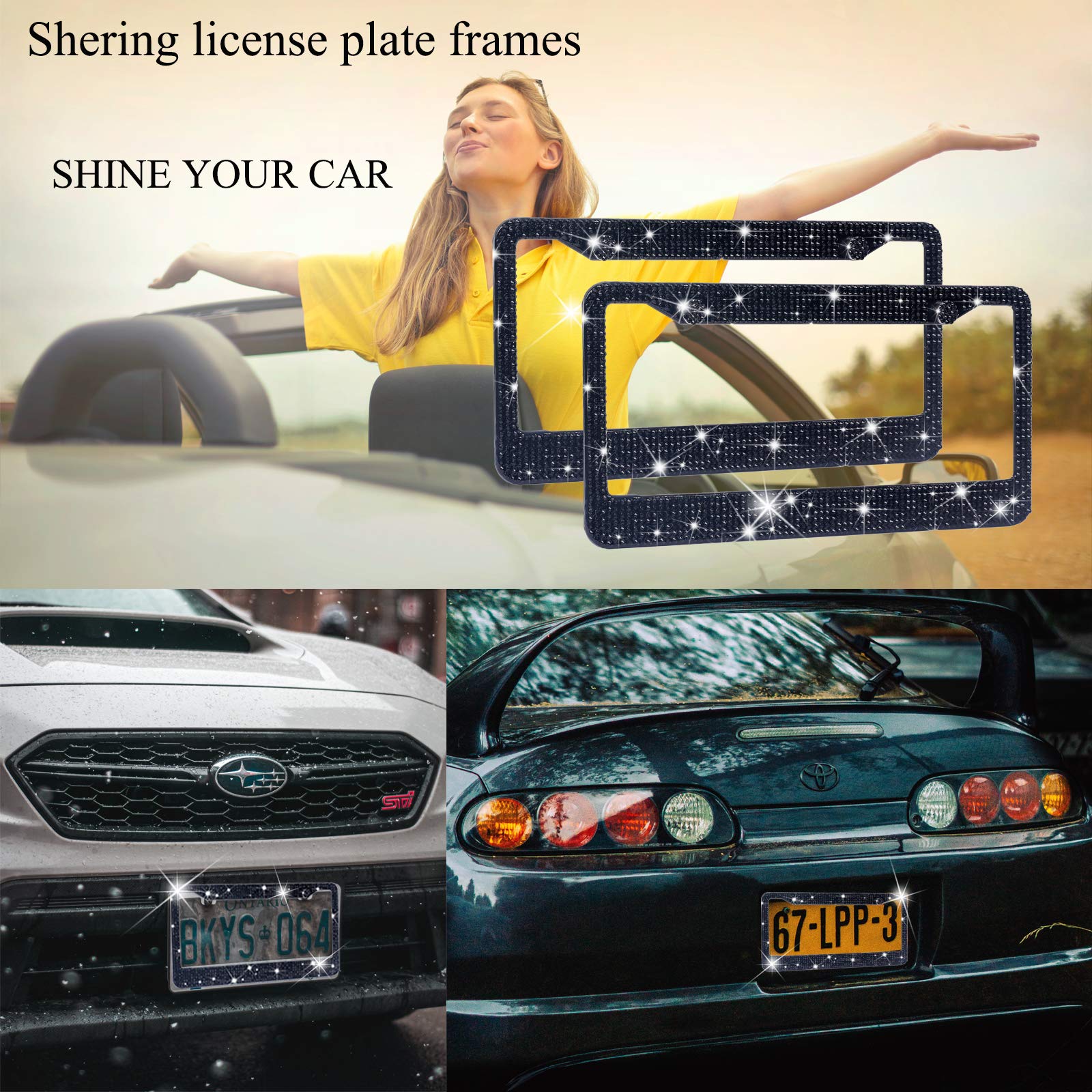 Shering Bling 2 Pack License Plate Frame With Premium Gift Box 1200Pcs Rhinestones For Women (Black Rhinestones)