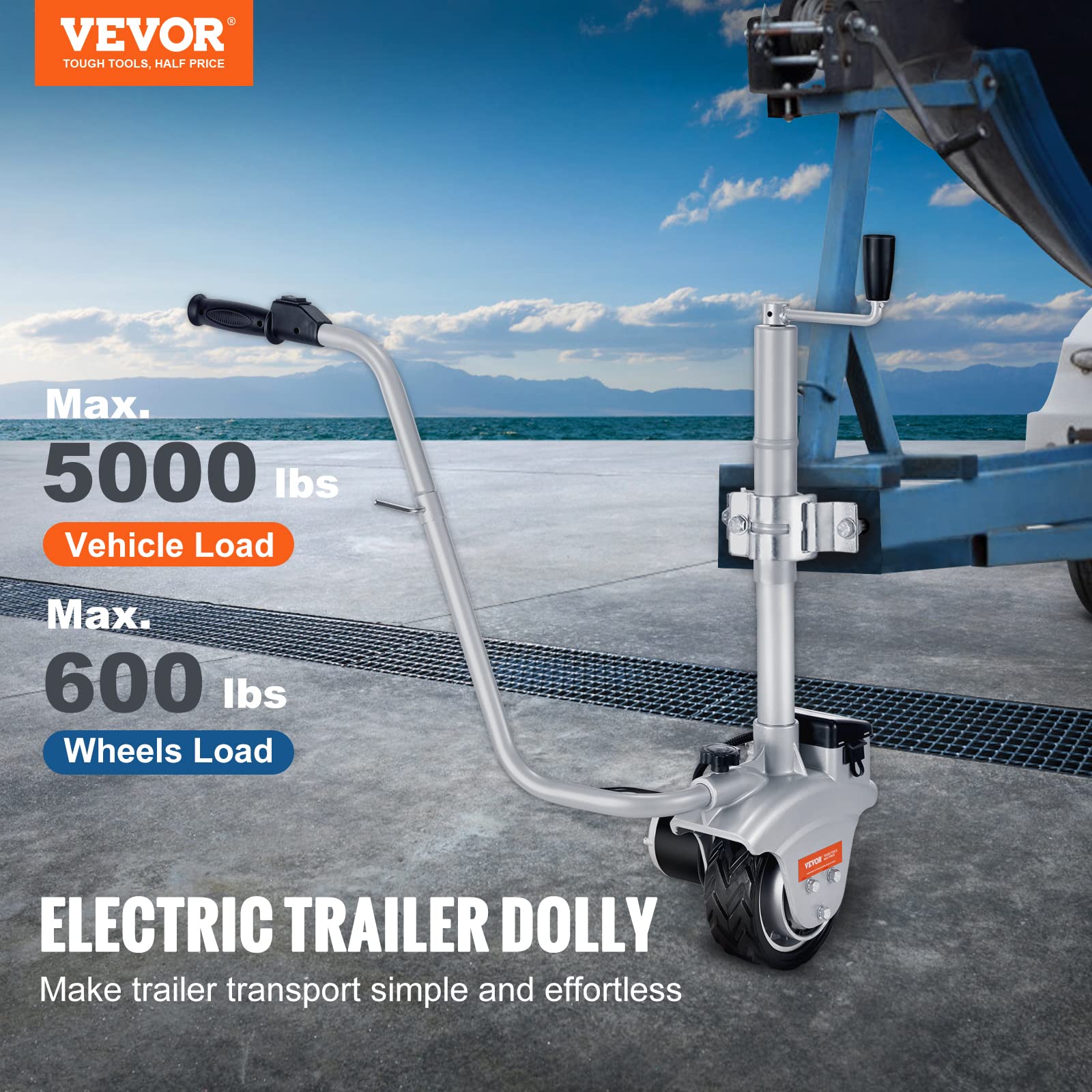 Vevor Electric Trailer Dolly, 5000Lbs Towing Capacity, 350W 12V Trailer Jockey Wheel With 22 Ft/Min Moving Speed, 12''-24.8'' Adjustable Clamp Height & 8'' Rubber Tire, For Moving Trailer Caravan Boat