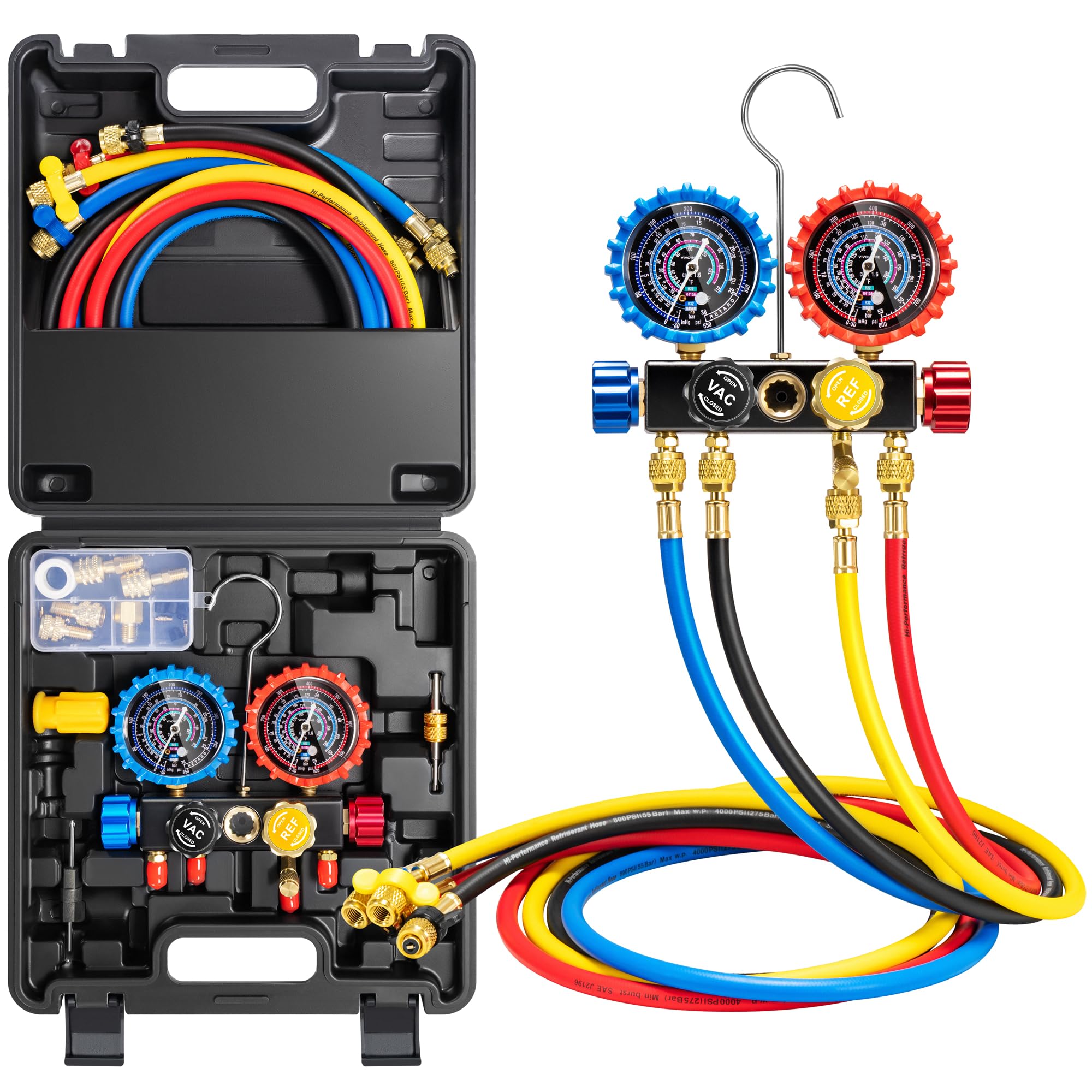 VIVOHOME HVAC Manifold Gauge Set for R410a R454B R32 R22 Refrigerant, 4 Valve Residential Household AC Gauges with 5ft Hoses for