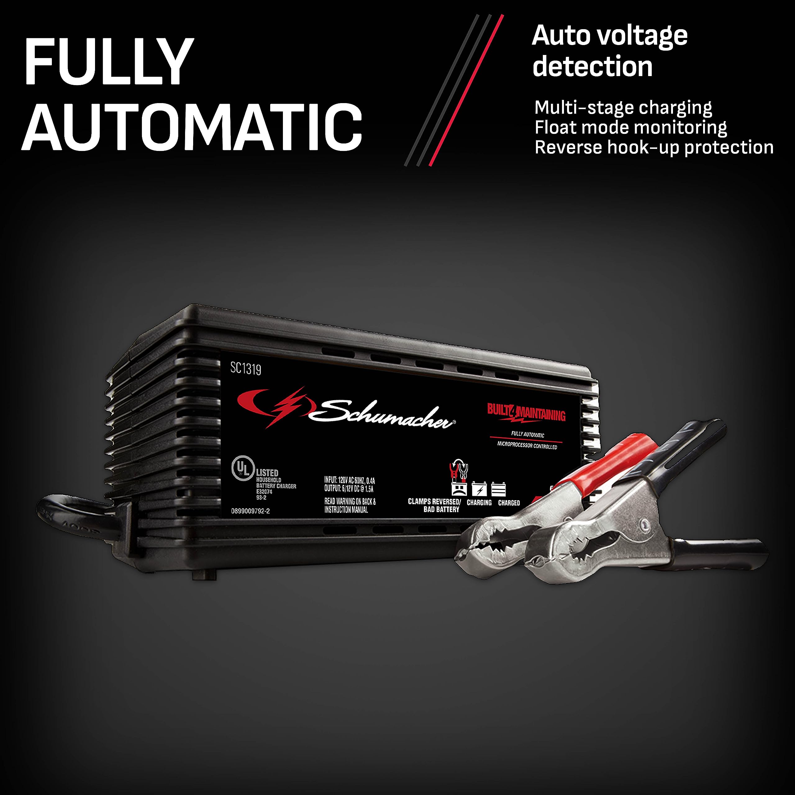 Schumacher Electric Battery Charger and Maintainer, 2-in-1, SC1319 - Fully Automatic, 1.5 Amp, 6 Volt and 12 Volt for Car, Power