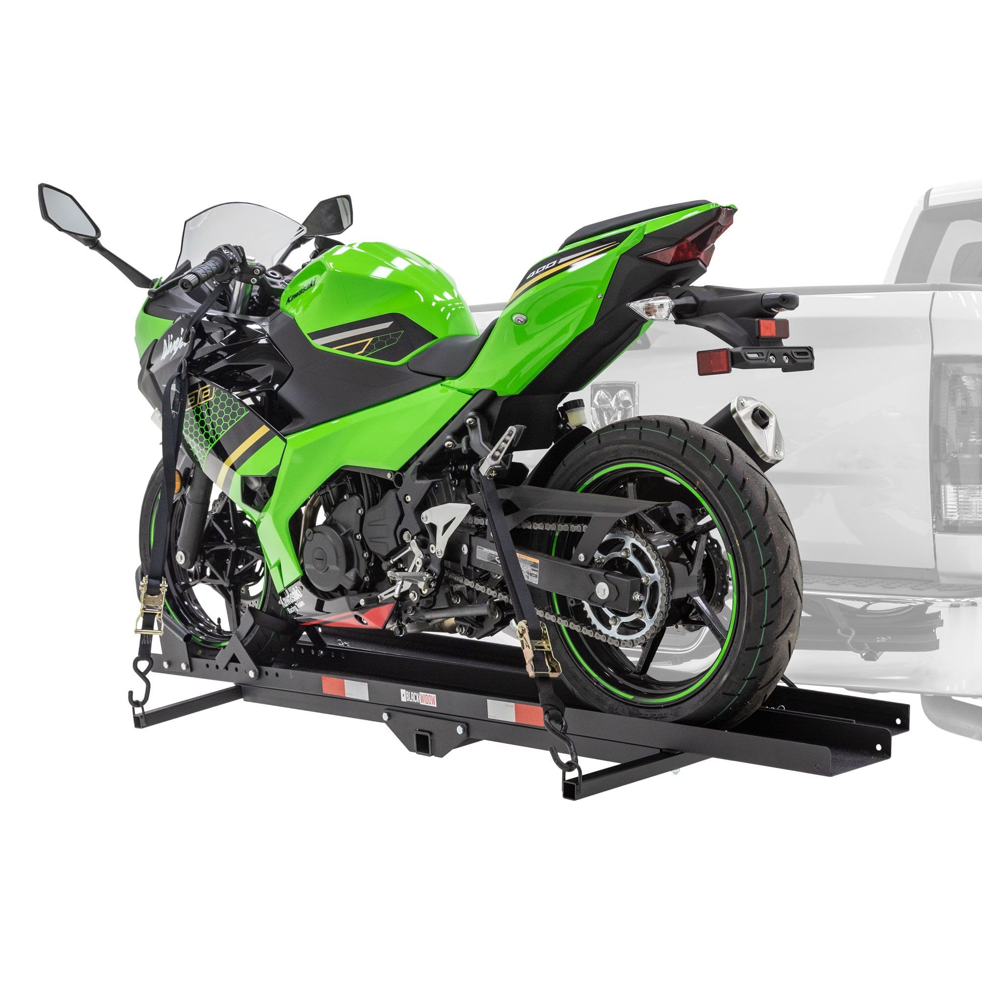 Black Widow Steel Motorcycle Carrier With Ramp For 2-Inch Receiver, 600 Lb Capacity - Hitch-Mounted Dirt Bike And Scooter Hauler