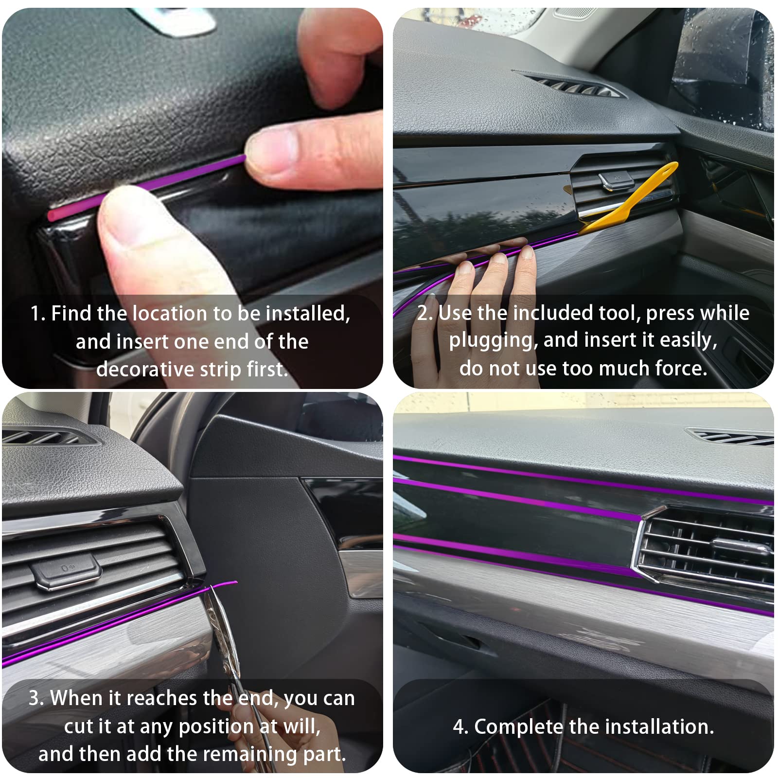 Car Interior Trim Strips,Universal 33Ft Car Electroplating Decoration Styling Door Dashboard, Flexible Interior Trim Accessories With Installing Tool(Purple)
