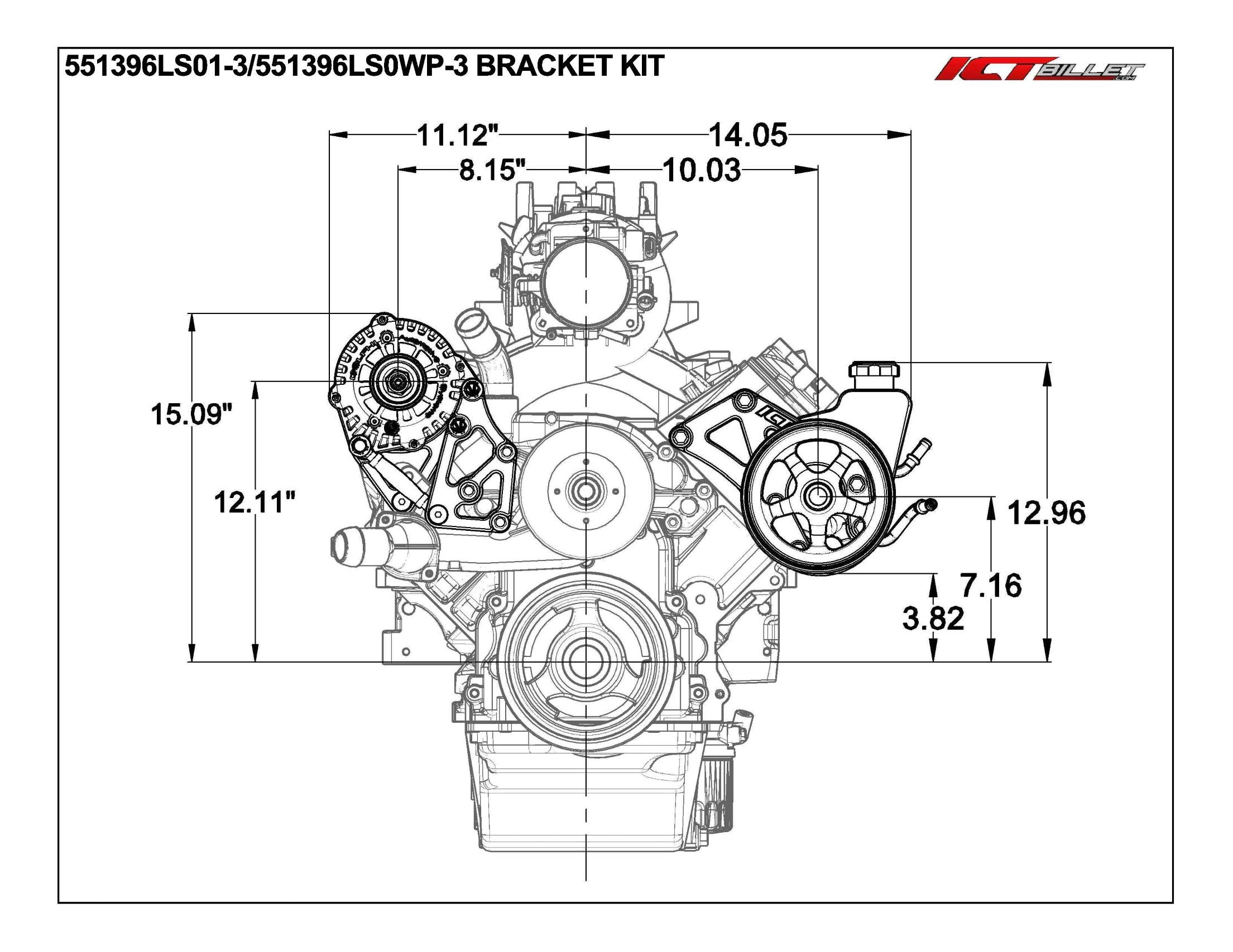 ICT Billet LS Truck Power Steering Pump Kit - Aluminum Turnbuckle Bracket for LSX 5.3L 6.0L Models - Natural Finish, Model 551396LS0-