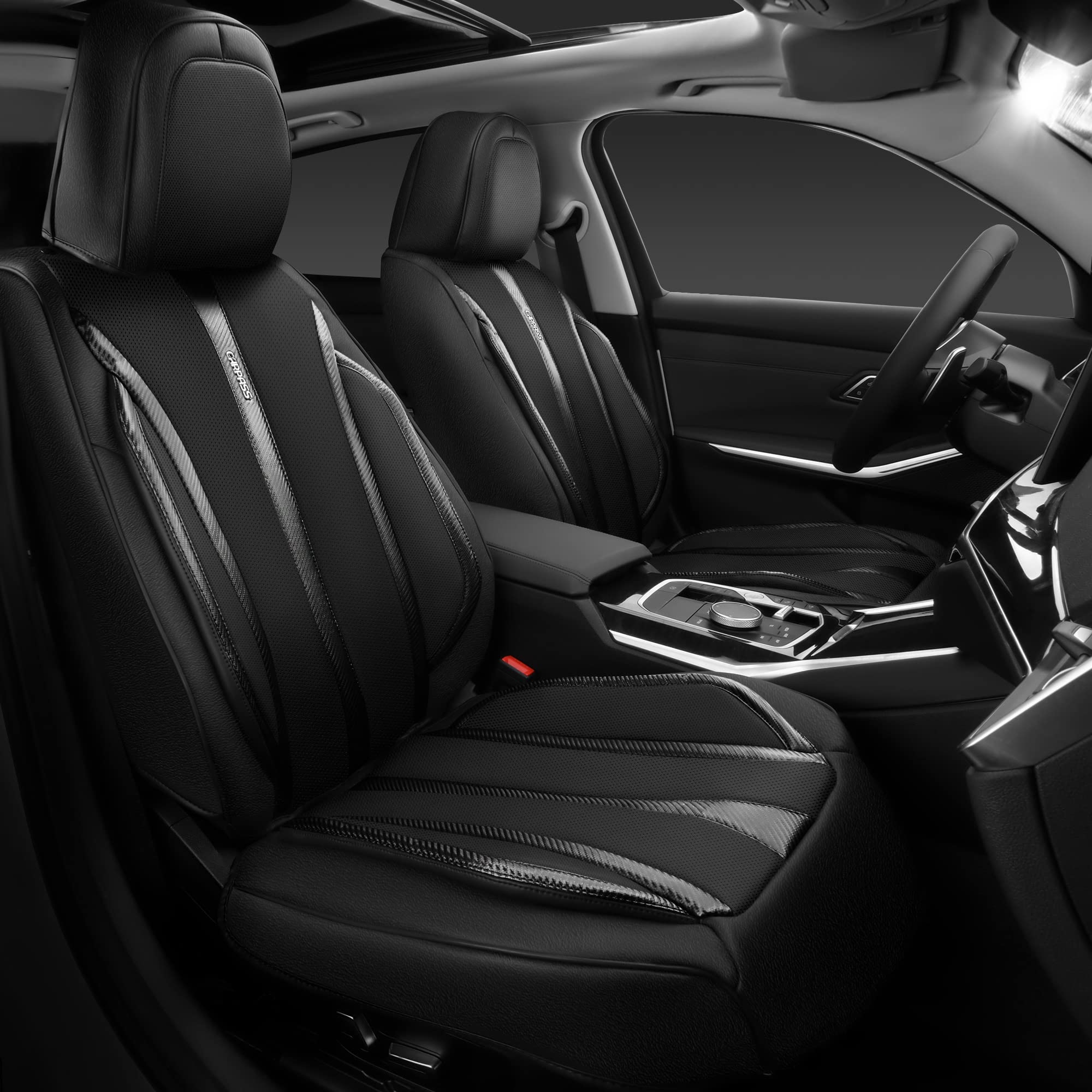 CAR PASS Nappa Leather Car Seat Covers Full Set & Carbon Fiber, Waterproof and Durable All Weather Protector, Universal Fit for