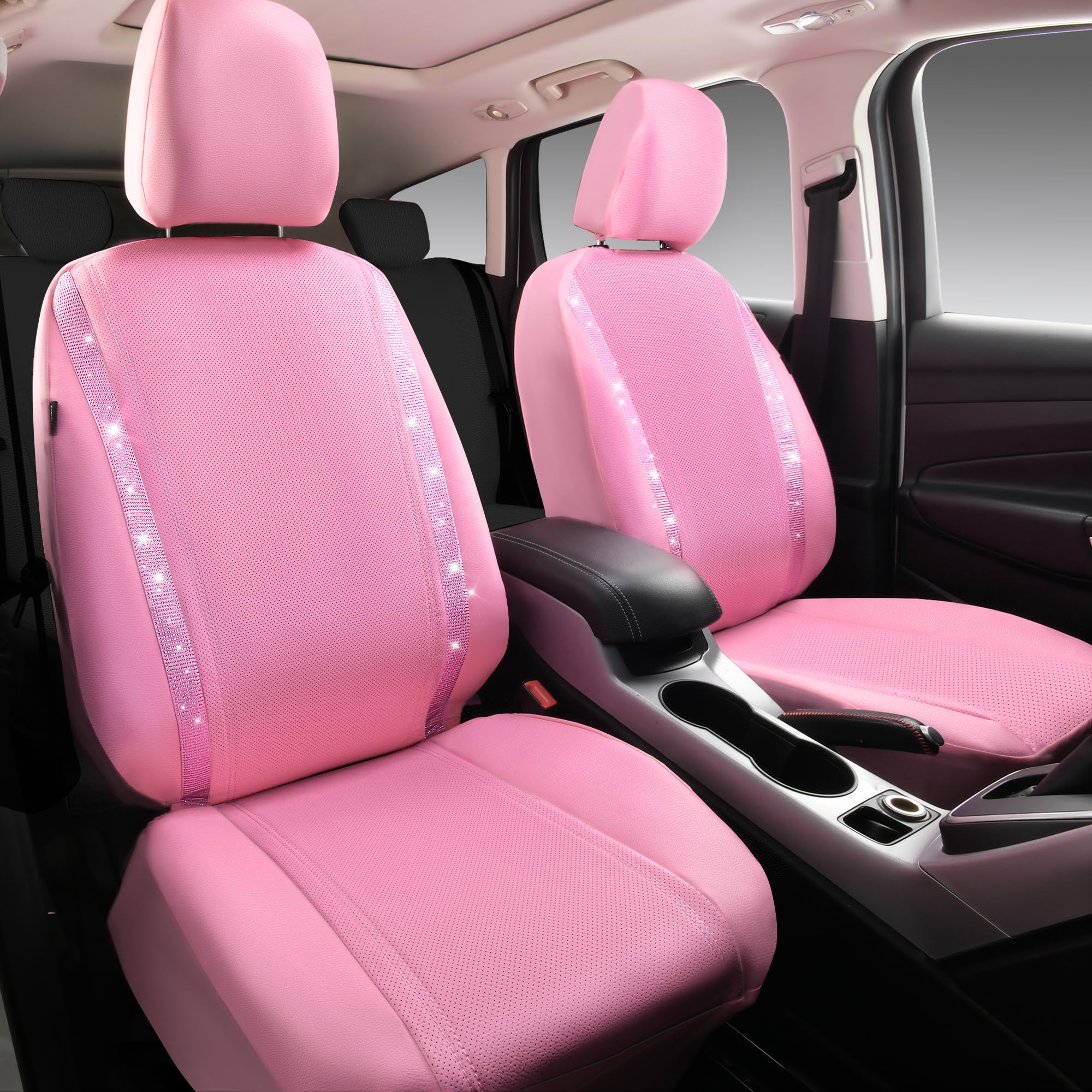 CAR PASS Bling Car Seat Covers, Waterproof Faux Leather, Pink, Two Front Seats, Rhinestone Sparkle for Women