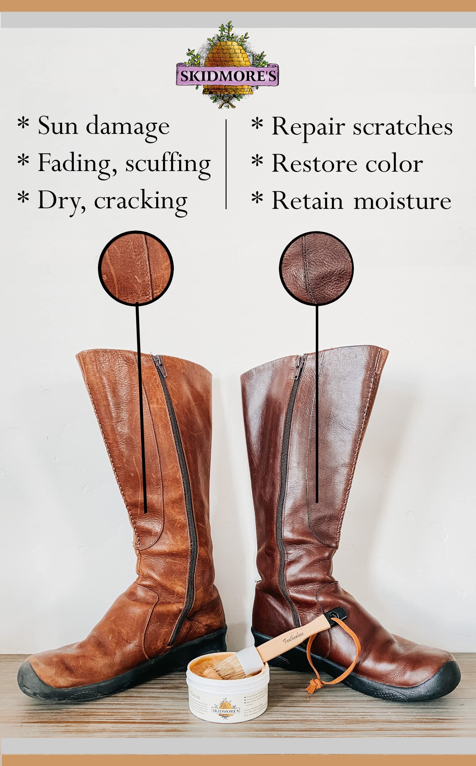 Skidmore's Leather Cream - 100% Natural Conditioner & Cleaner, 6 Oz, Tan, Non-Toxic Water Repellent for Saddles, Boots, Jackets & More