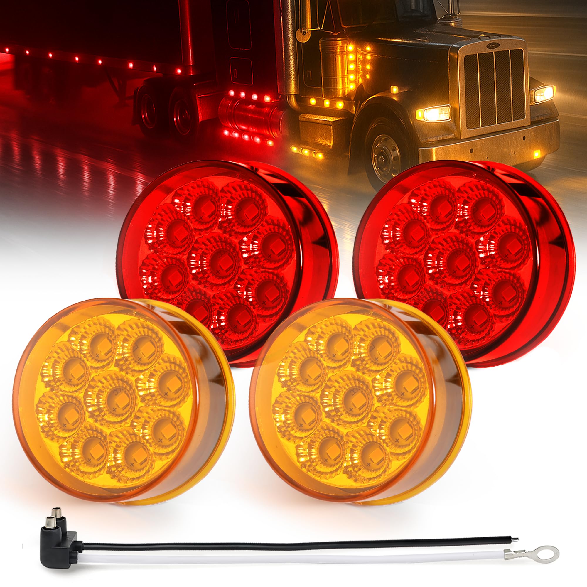 MADCATZ 4Pcs 2 Inch Round 2 Amber + 2 Red LED Side Marker Lights 9LEDs Reflectors with 2 Prong Pigtail Sealed Waterproof 12V for