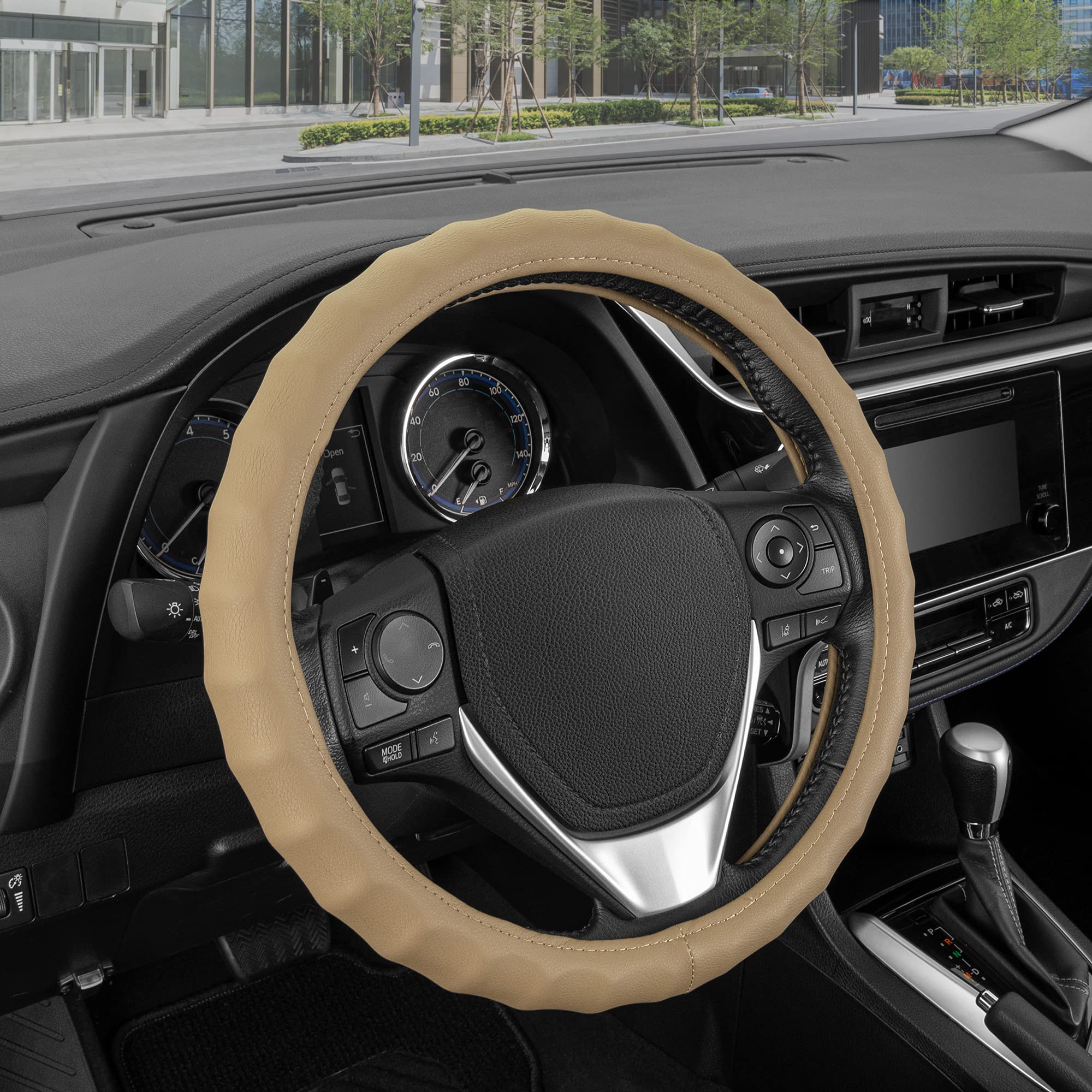 BDK Genuine Beige Leather Steering Wheel Cover for Car, Small 13.5-14 inch - Ergonomic Comfort Grip for Men & Women, Car Steerin
