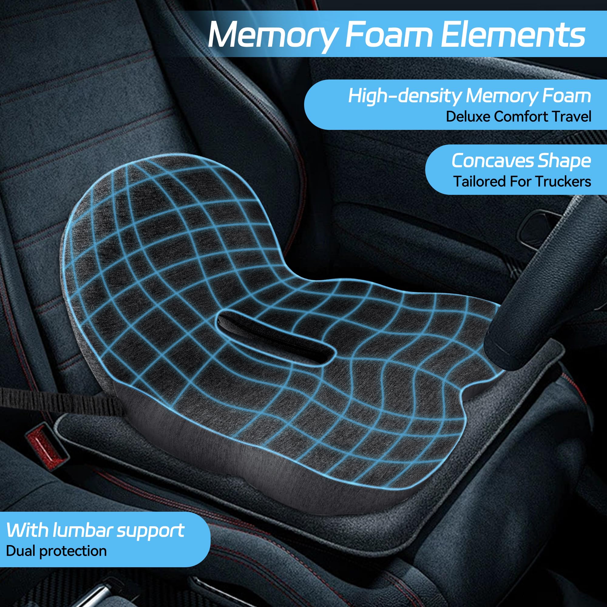 leqsdijk Trucker Seat Cushion with Lumbar Support, Memory Foam, Average Size, Black, Model YTZD0002