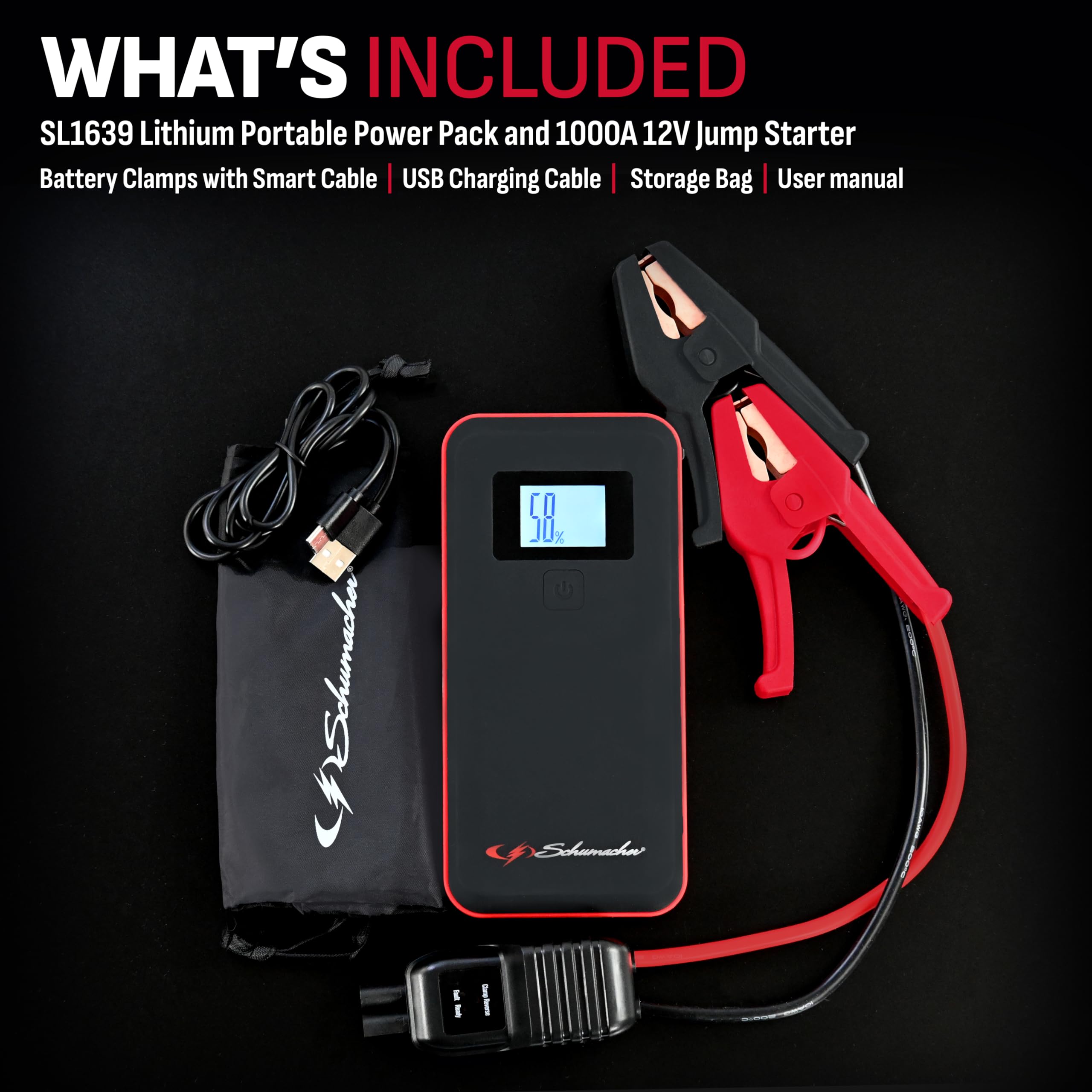 Schumacher SL1639 Lithium Portable Power Pack & 1000A Jump Starter for 8.0L Gas & 6.0L Diesel - Black/Red, USB Charging for Devices