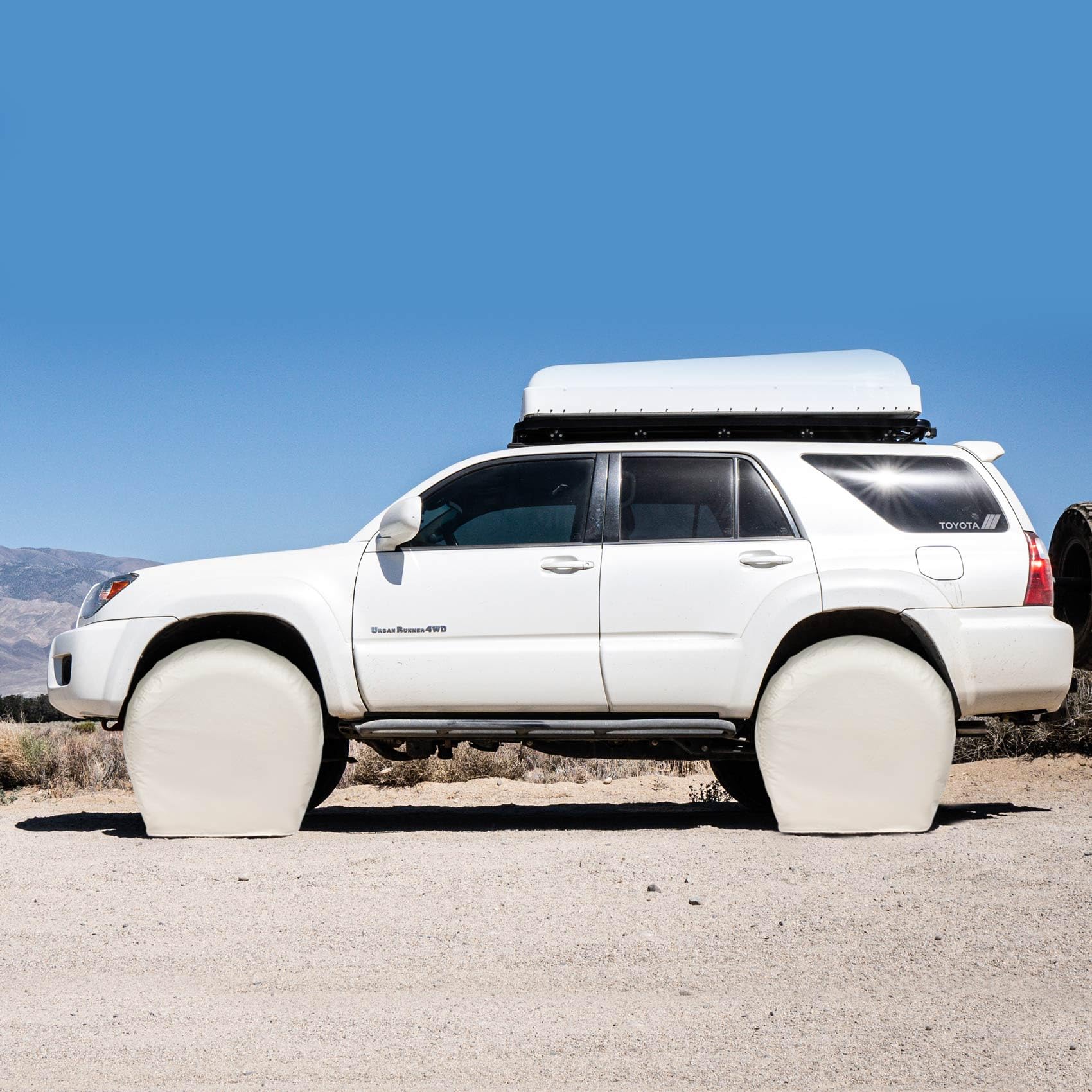 Explore Land Tire Covers 4 Pack - Tough Vinyl Wheel Protectors for Truck, SUV, RV - Fits 29-31.75" Tires, White, Model 10701014