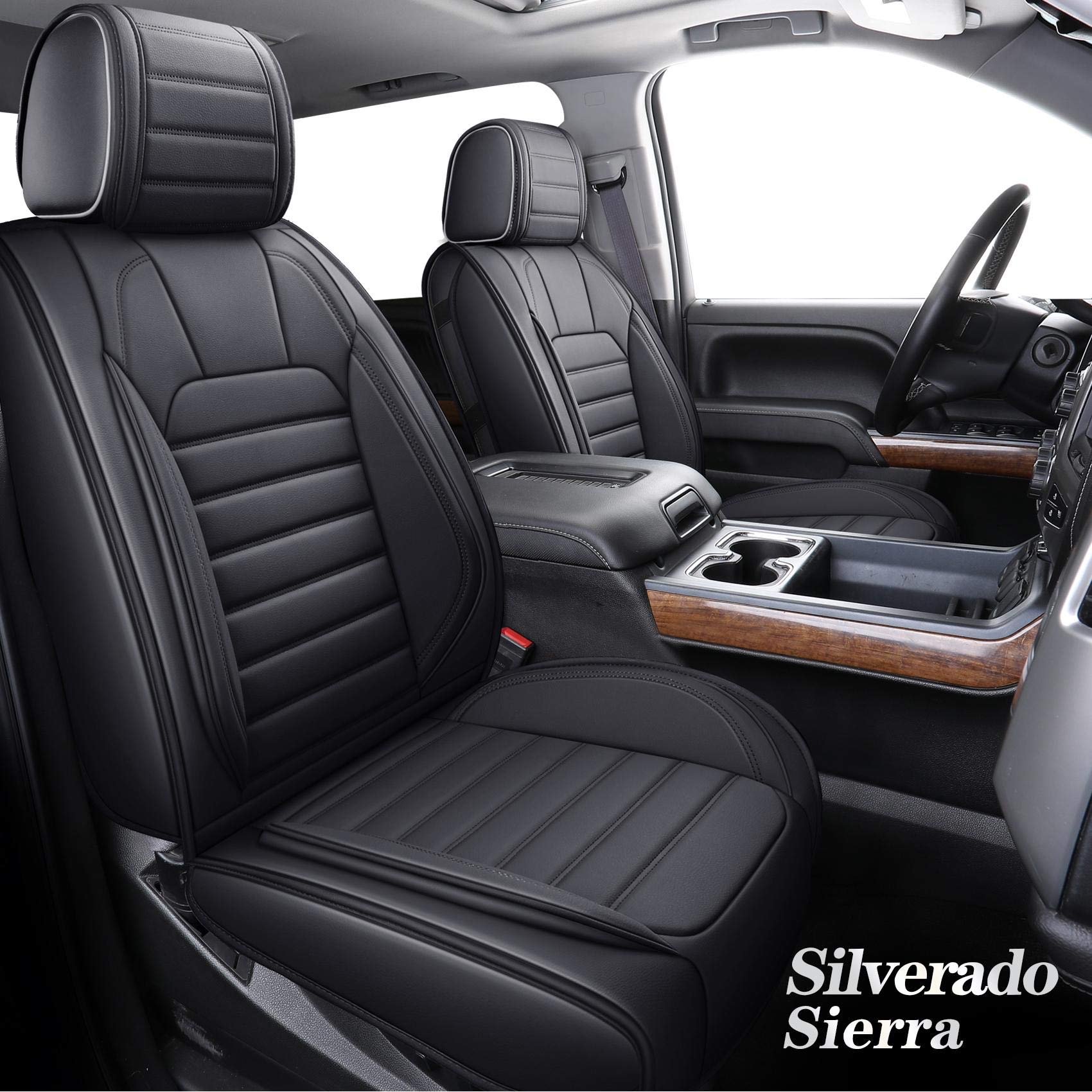 Yiertai Truck Seat Covers For Chevy Chevrolet Silverado Gmc Sierra Custom Fit 2007-2025 1500/2500/3500 Trail Boss Z71 Crew Double Extended Cab Waterproof Leather(2 Pcs Front Only/Black)