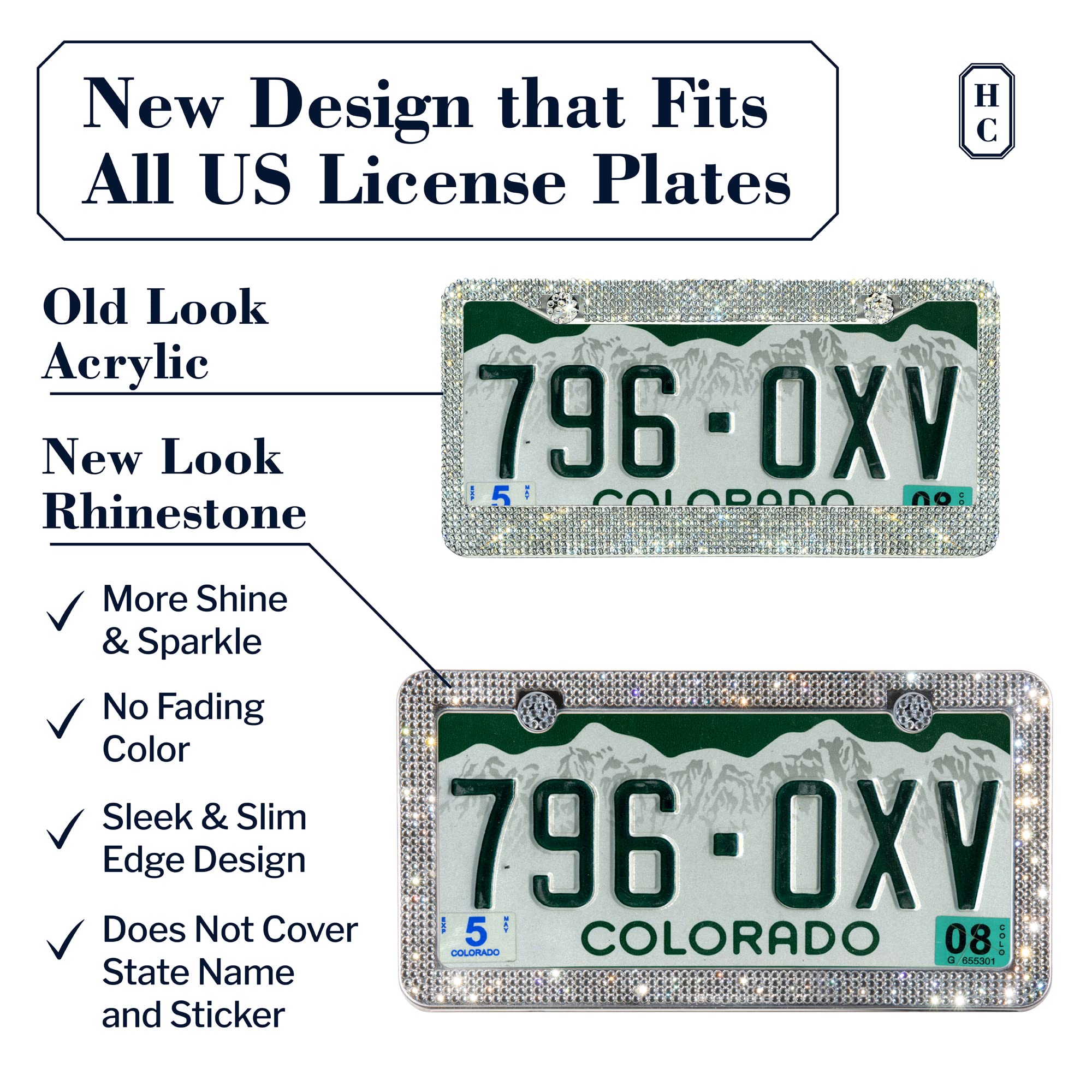 Handcrafted Rhinestone Bling License Plate Frames For Women, Men | 2 Pack Bedazzled Cover With Glittery Screw Caps | Stainless Steel Clear Crystal Sparkle License Plate Frame/Cover (Crystal)