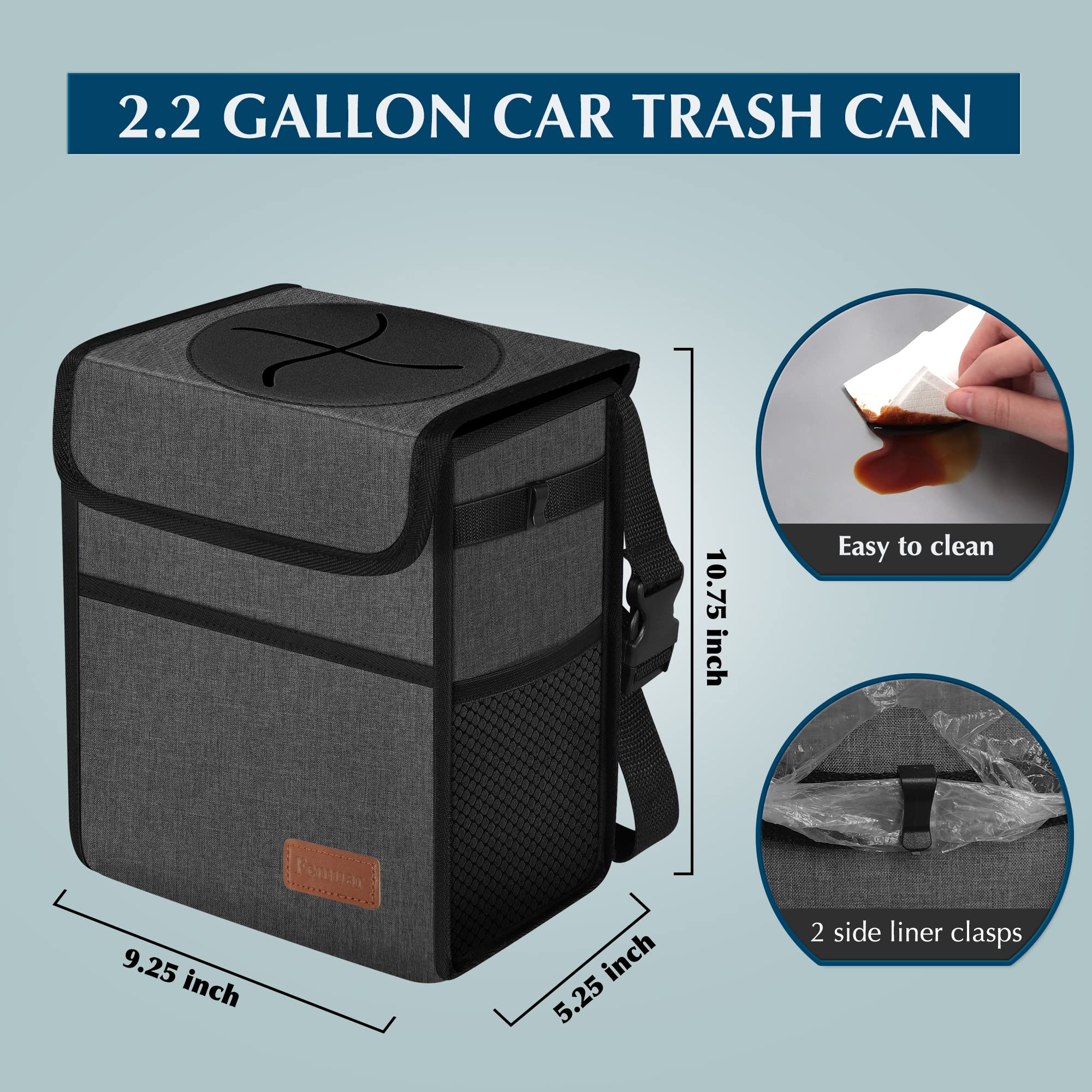 Femuar Car Trash Can - Leak Proof Waterproof Garbage Bin for SUV, 2.25 Gallons, Nylon, Charcoal Gray, Collapsible with Storage Pocket