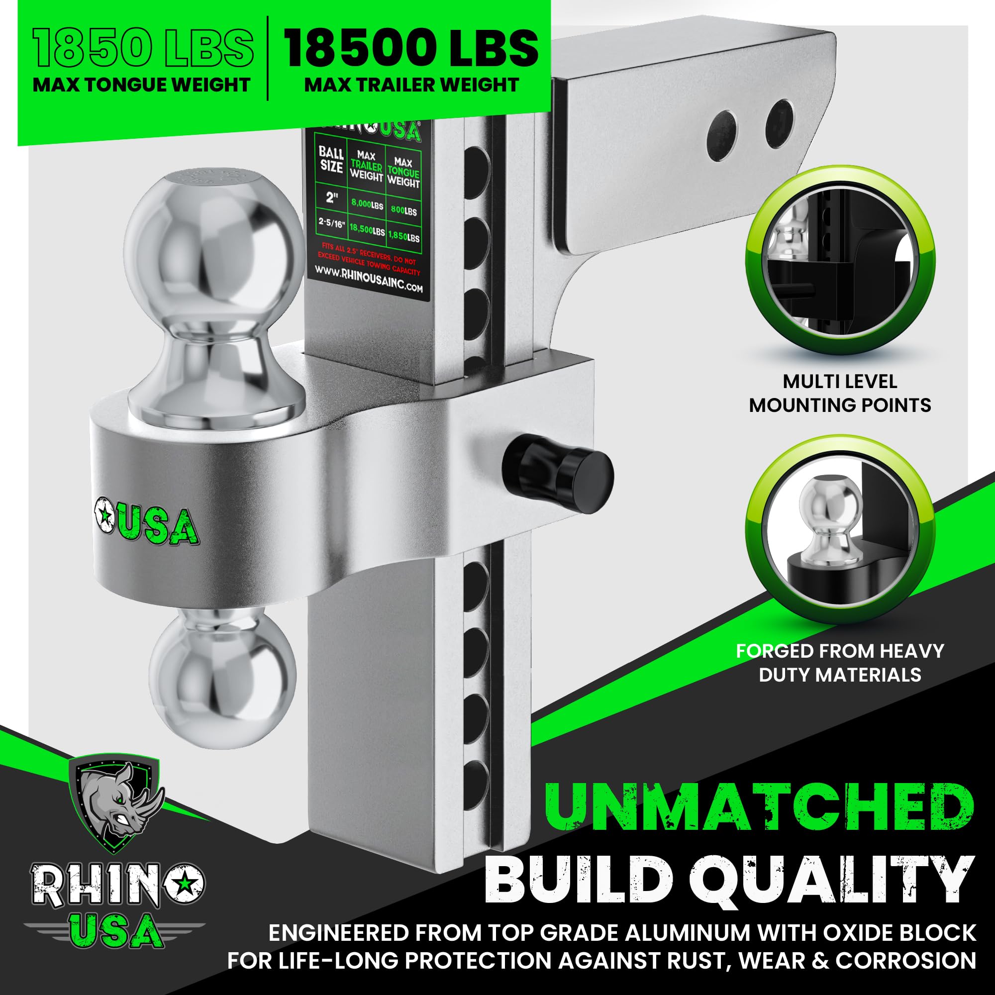 Rhino USA Adjustable Aluminum Trailer Hitch - 10" Drop/Rise, 2.5" Receiver, 18,500 LBS GTW, Weatherproof, Silver, Model RG-HTDROP
