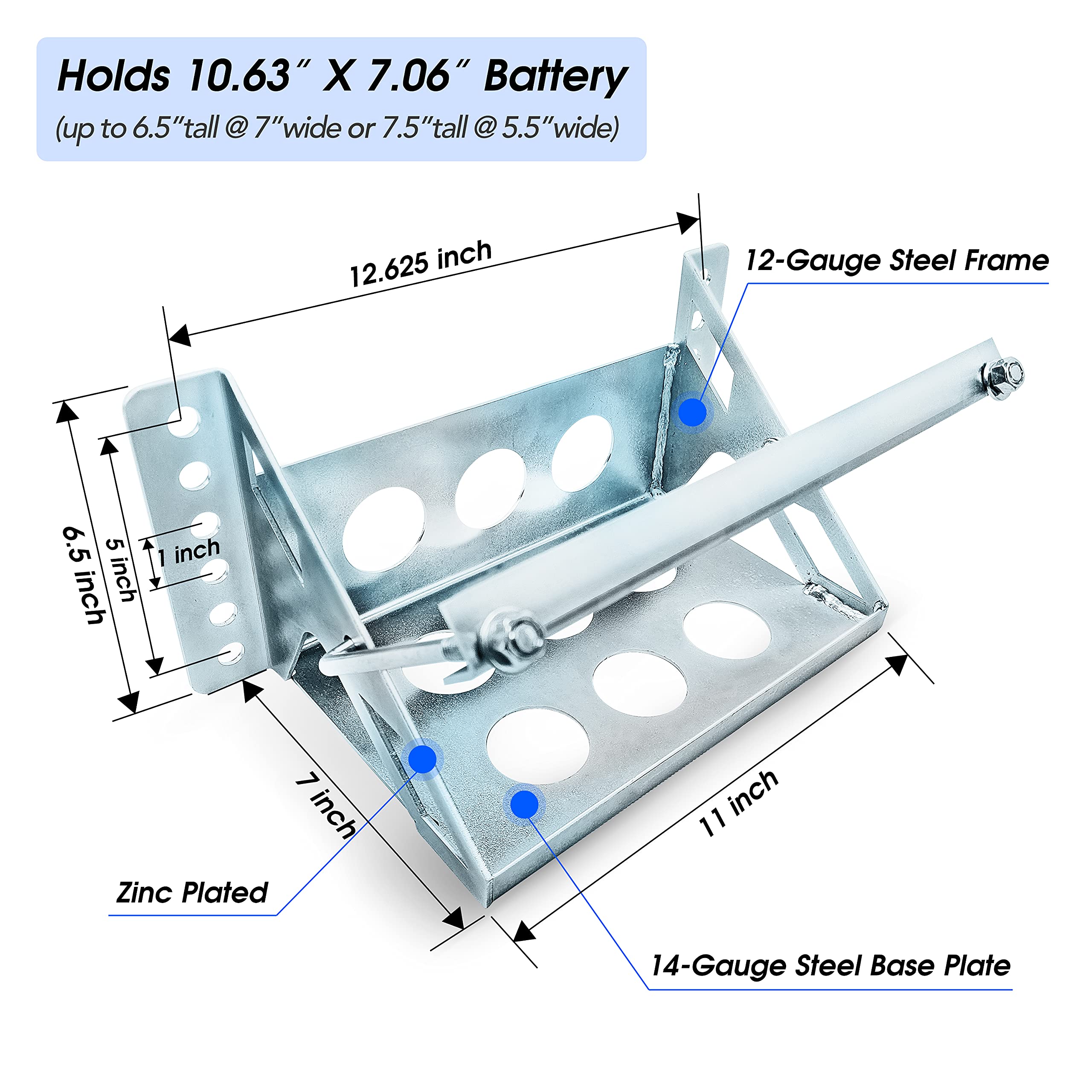 JY PERFORMANCE Metal Battery Box Tray - Universal 14.375" OAL, Fits up to 10.63"x7.06"x7.5", Anti-Rust Corrosion, Metallic Finish