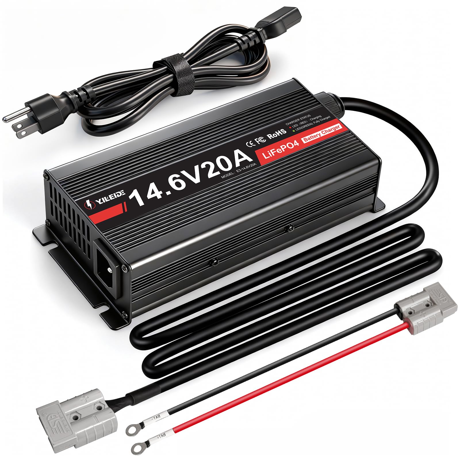 YILEIDE 12V 20A Lithium Battery Charger 14.6V LiFePO4 Battery Charger with Anderson Connector for Deep Cycle Batteries of RV, Bo