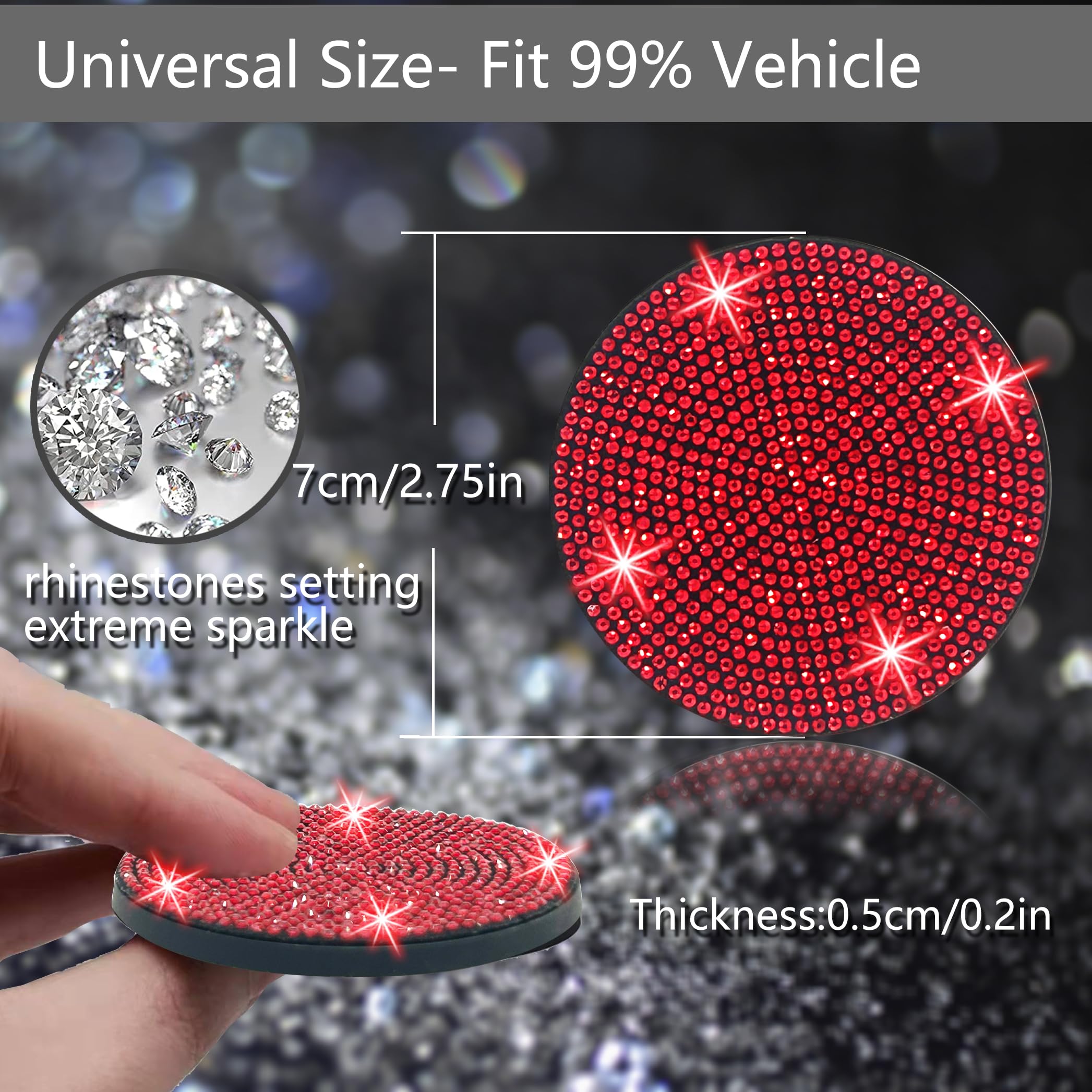 Nbtepem 4Pcs Bling Car Cup Holder Coaster, 2.75 Inch Anti-Slip Shockproof Universal Fashion Car Coasters Insert Bling Crystal Rh