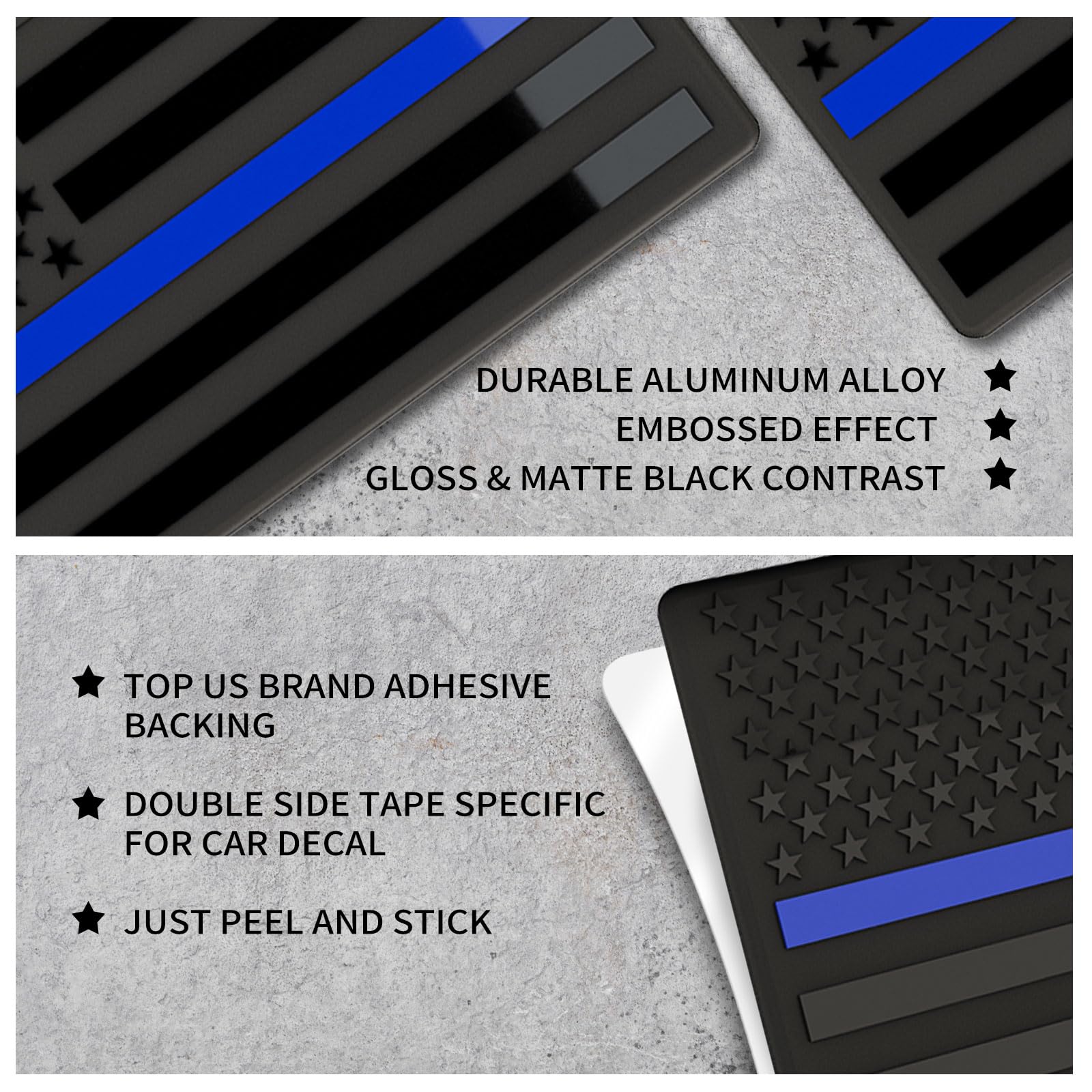10 Pairs Embossed 3D Metal Thin Blue Line All Black American Flag Emblem Decal Stickers, Matte Black 5'' X 3'' Patriotic Usa Us