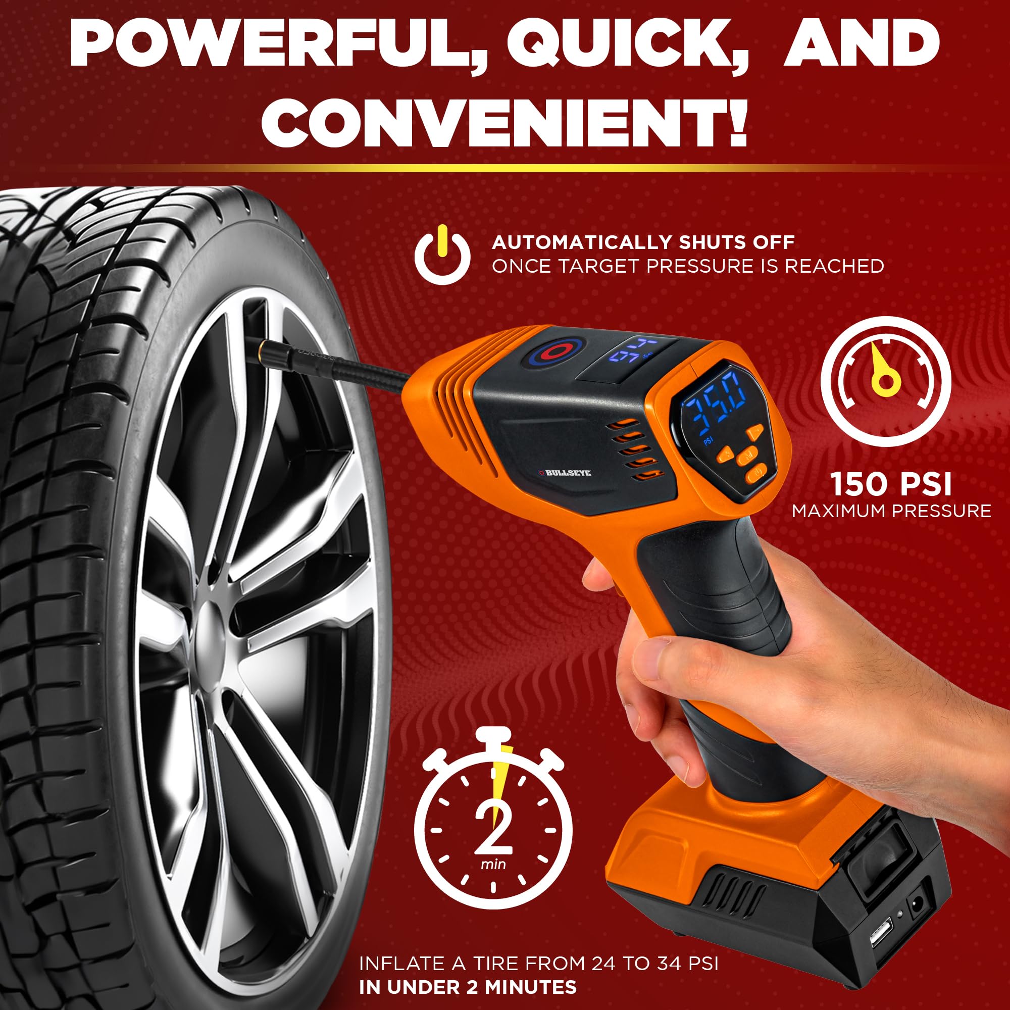 Emson Bullseye Pro Ason Tv Digital Tire Inflator Automatic 150 Psi W/Gauge Display Screen & Pre-Set Pressure In Kpa,Psi,Bar,Kg/C