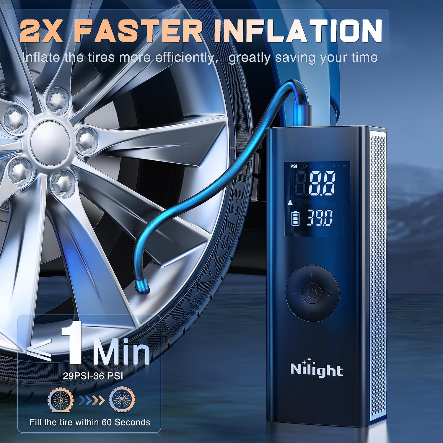 Nilight Tire Inflator Portable Air Compressor Battery Powered Rechargeable 12Vdc 150Psi Cordless Tire Pump W/Digital Pressure Ga