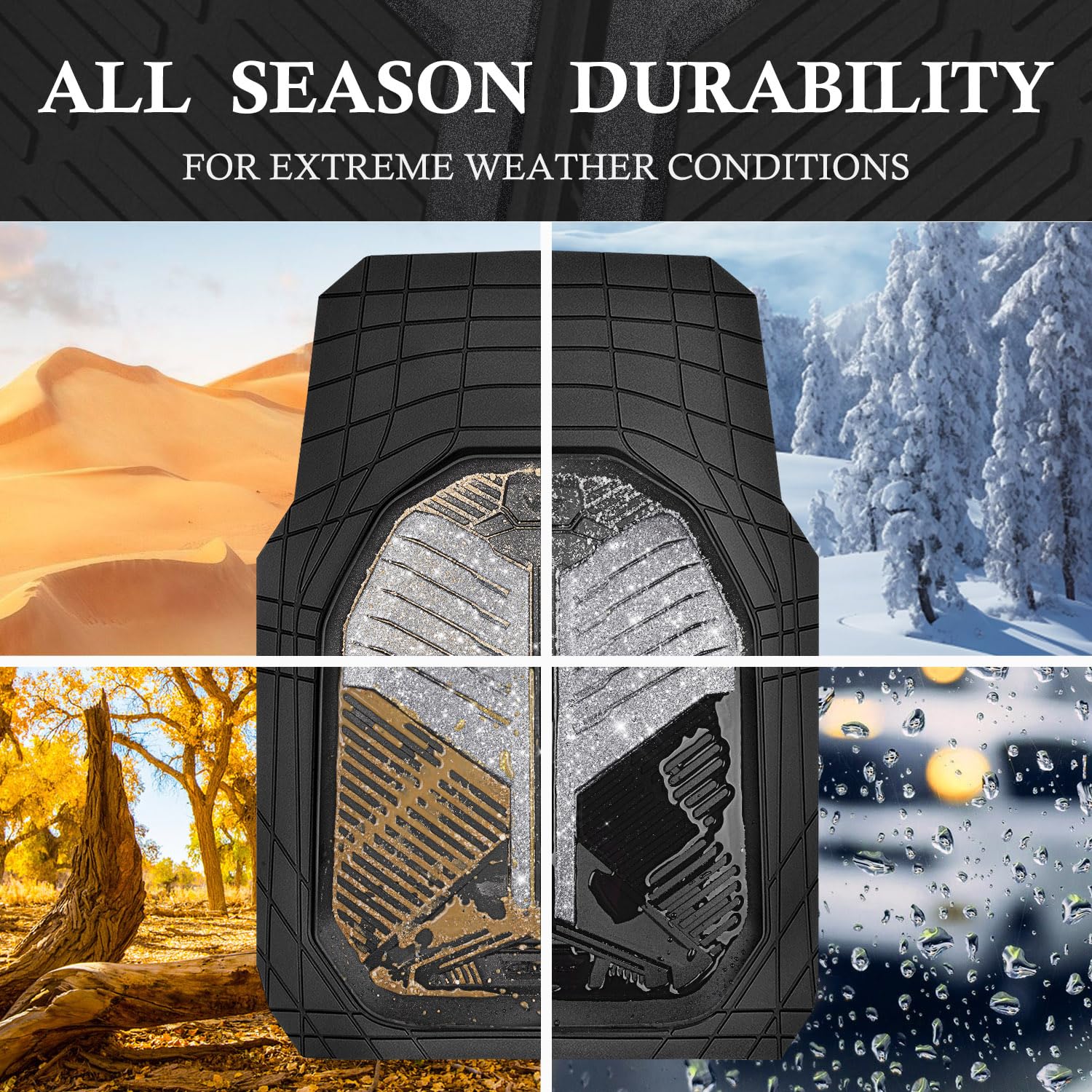 CAR PASS Heavy Duty Rubber Car Mats, All Weather 4-Piece Set, Waterproof Anti-Slip, Black and Silver Glitter