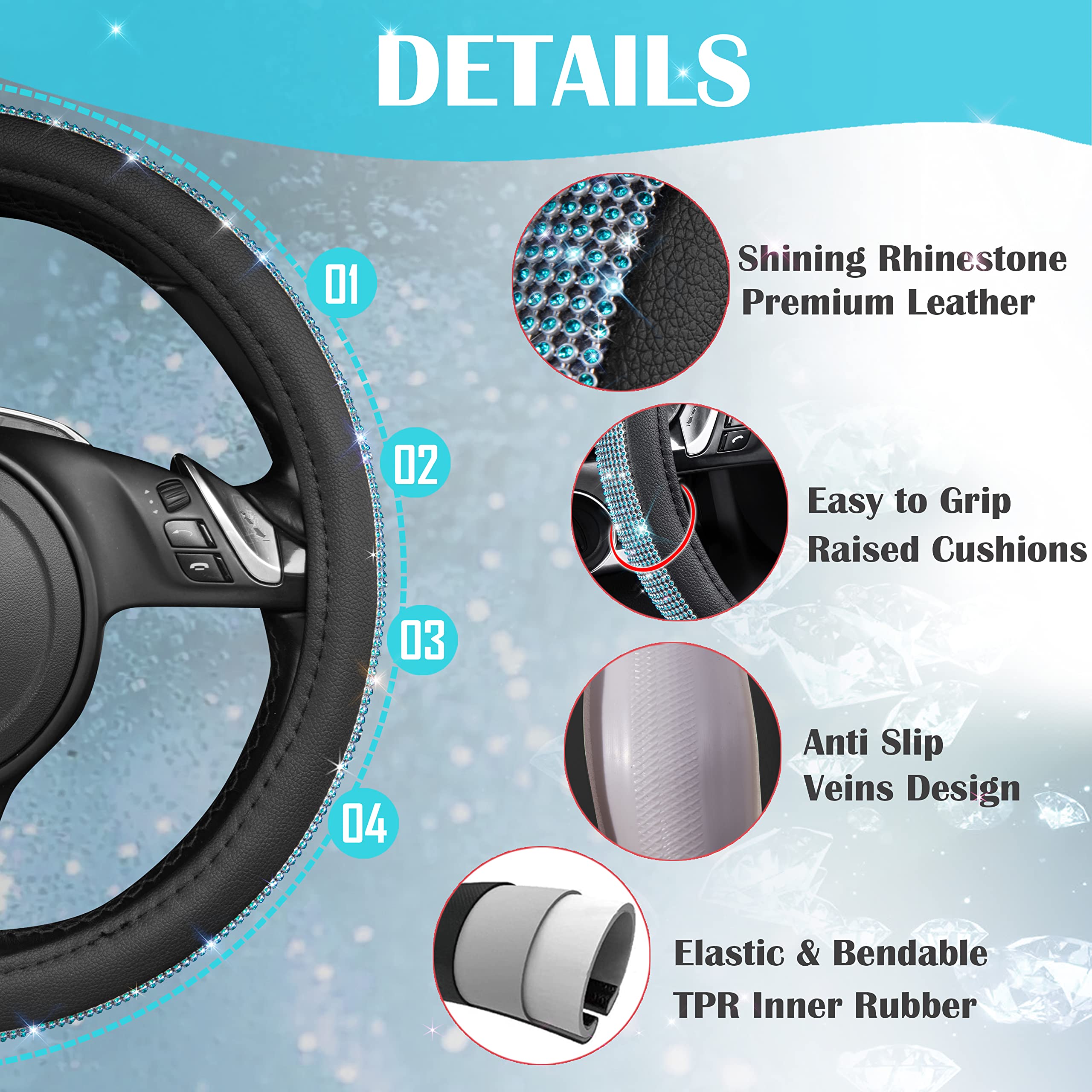 CAR PASS Mint Diamond Leather Steering Wheel Cover, 14.5"-15" Universal Fit with Bling Rhinestones for SUVs, Vans, Sedans, Trucks