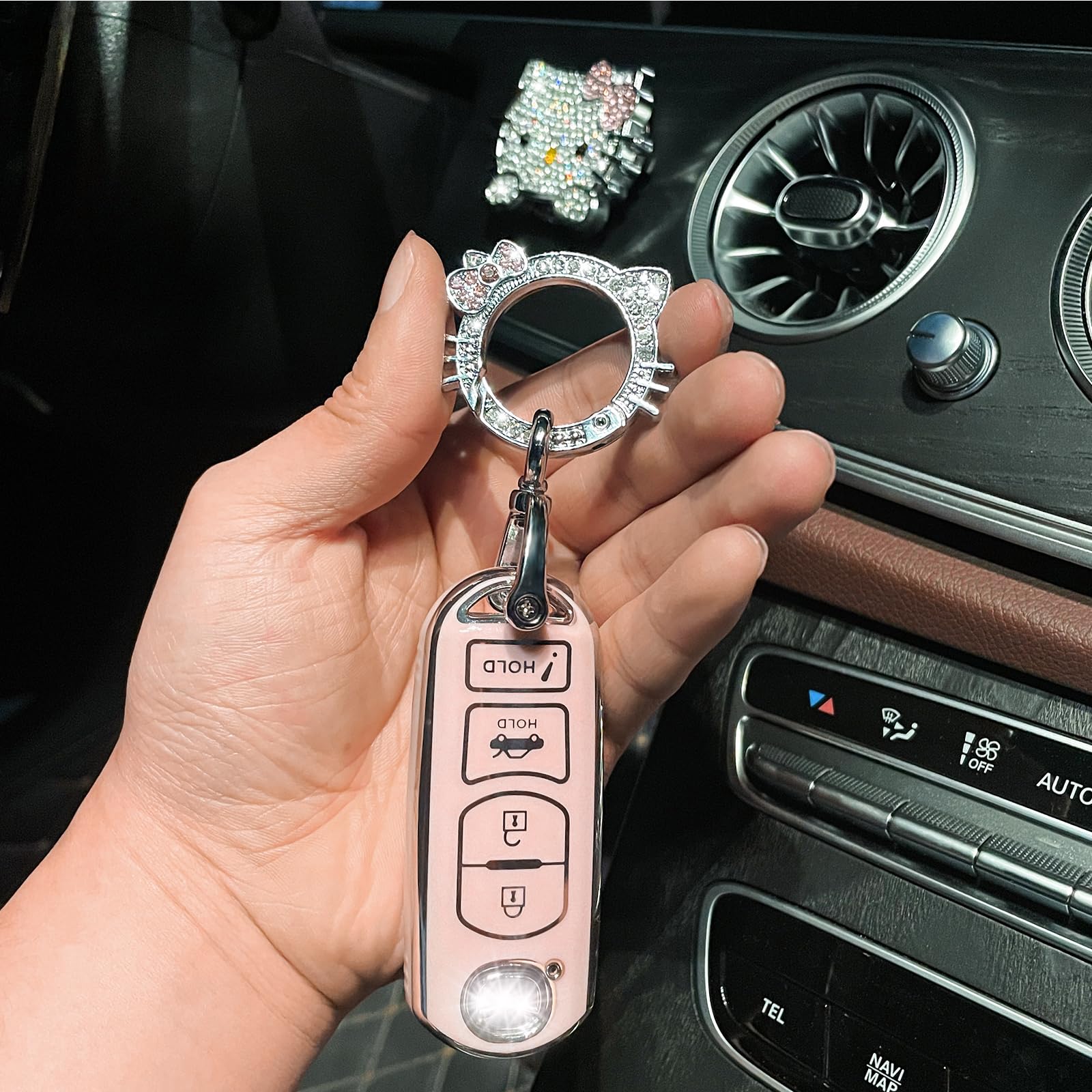 Pangpai Pink Car Accessories 3 Pcs For Mazda 3 6 8 Miata Mx-5 Cx-3 Cx-5 Cx-7 Cx-9 Key Fob Cover With Bling Keychain Cute Push To