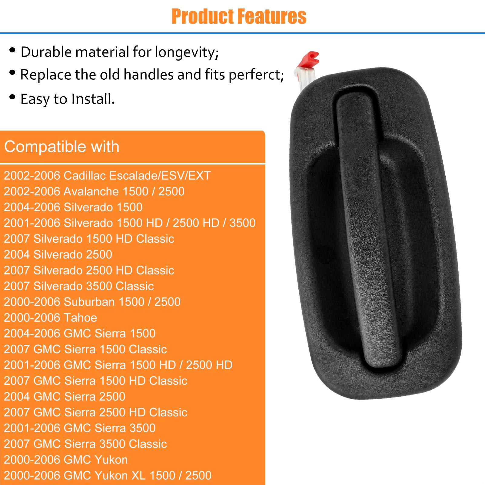 Npauto Exterior Rear Left Driver Side Door Handle Replacement For Escalade Silverado 1500 2500 Hd Suburban Tahoe Yukon Sierra, 2001 2002 2003 2004 2005 2006,Black, 80579