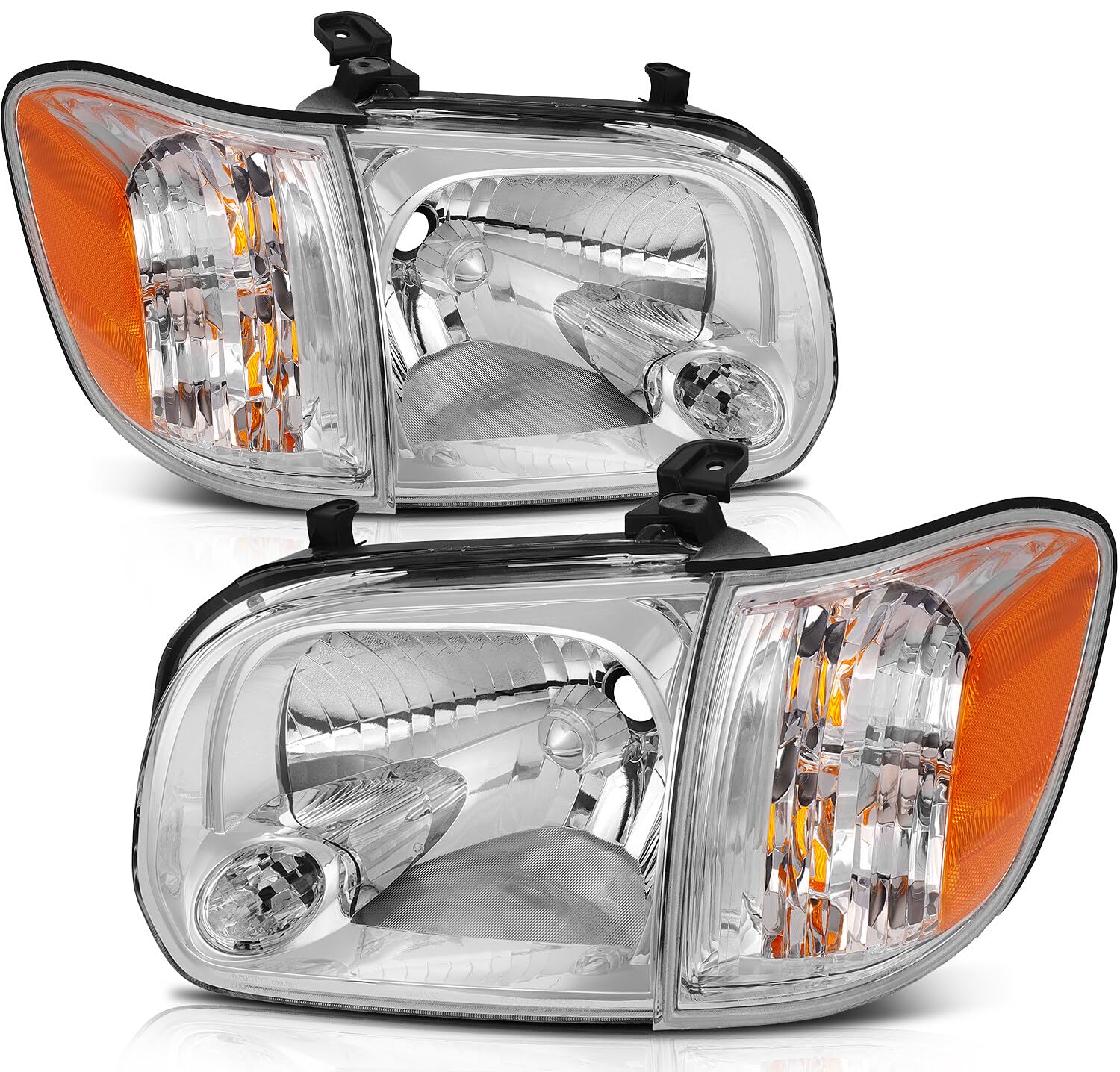 LSAILON Headlight Assembly Replacement Fit For Toyota Sequoia 2005-2007 For Toyota Tundra 2005-2006 Chrome Housing Amber Reflect