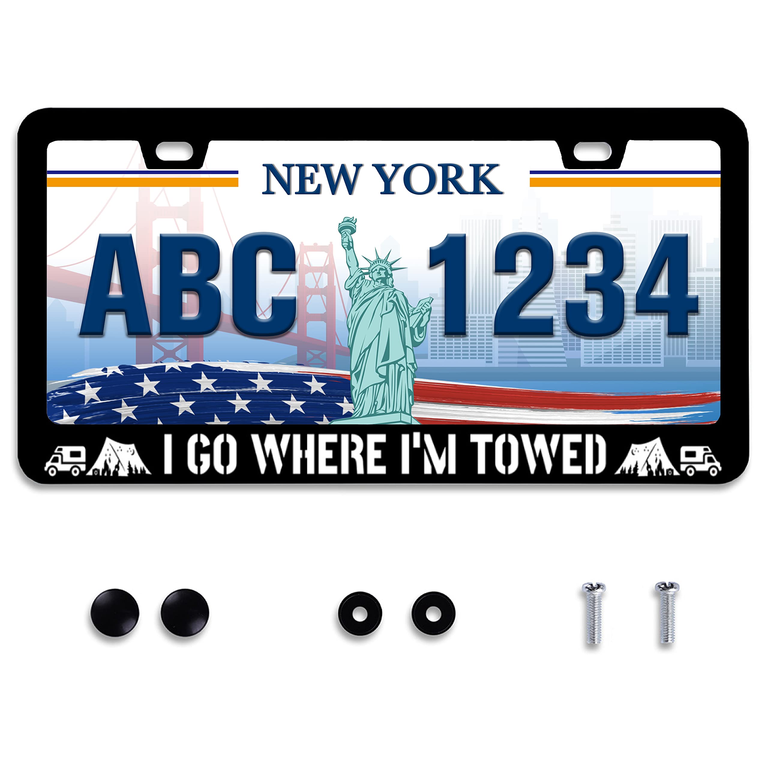 I Go Where Im Towed License Plate Frame Camping License Plate Holder Stainless Steel Auto Parts Decoration with Screws License 