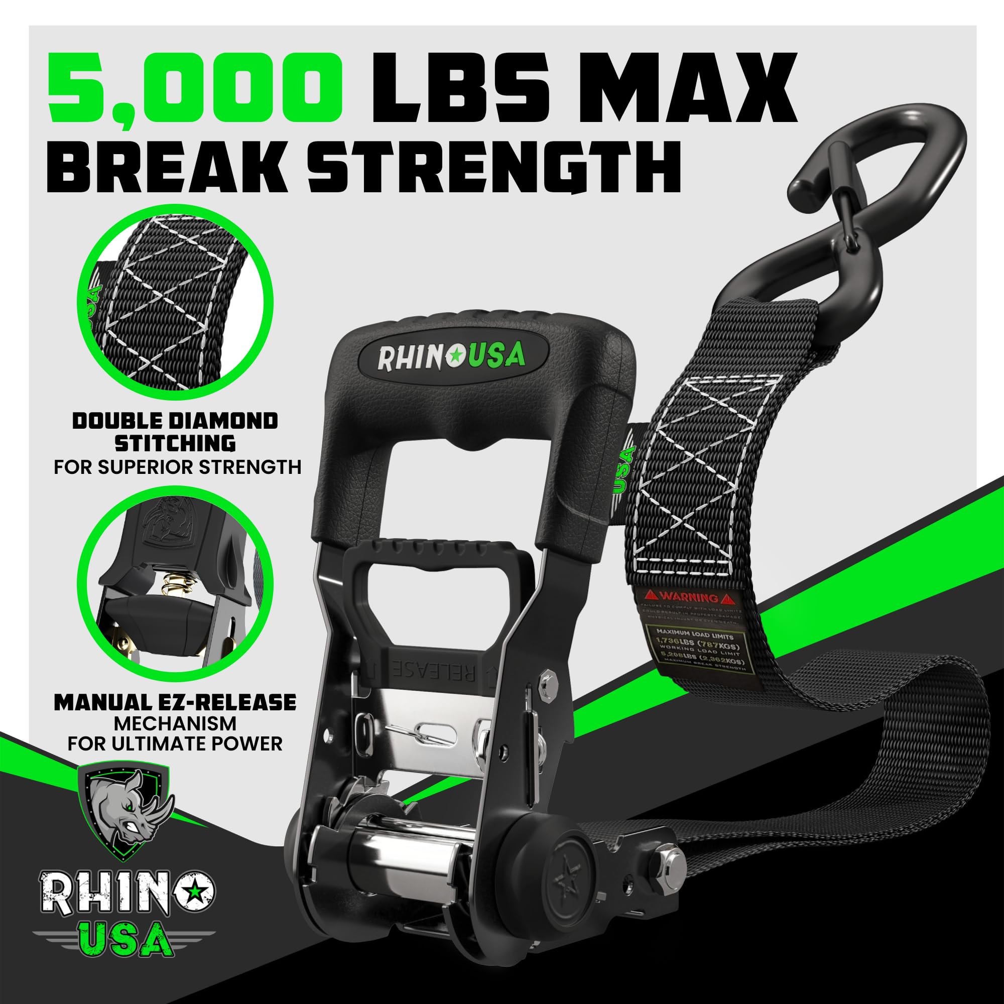 Rhino Usa Ratchet Straps Heavy Duty Kit (4-Pack) - 1.6 Inch X 15 Feet (5,208Lb Break Strength) - Ultimate Tie Down Straps With S