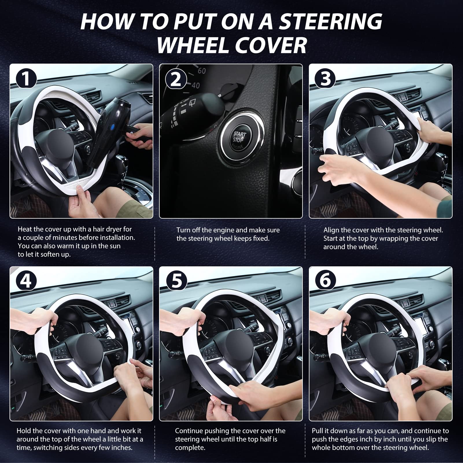 SEG Direct D Shaped Flat Bottom Steering Wheel Cover, 14.5-15 in, Black White Microfiber Leather, Model AU15BONSWC3343