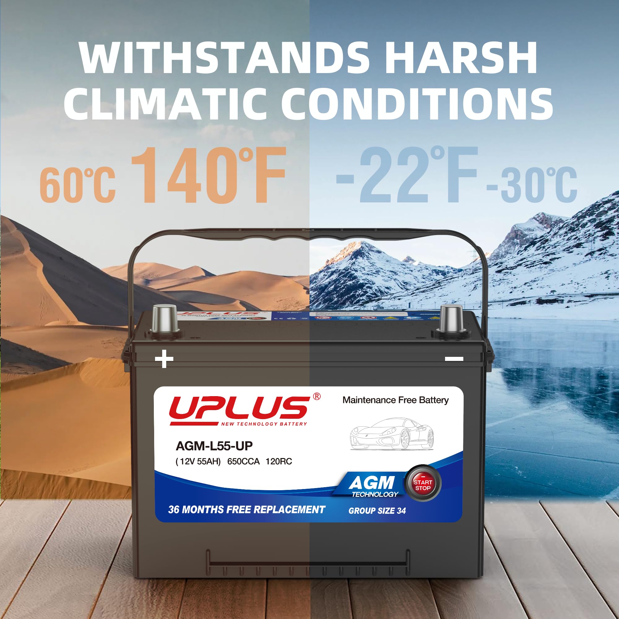 UPLUS BCI Group 24 AGM Car Battery, 12V 55Ah, 650 CCA, Maintenance Free, Model AGM-L55-UP