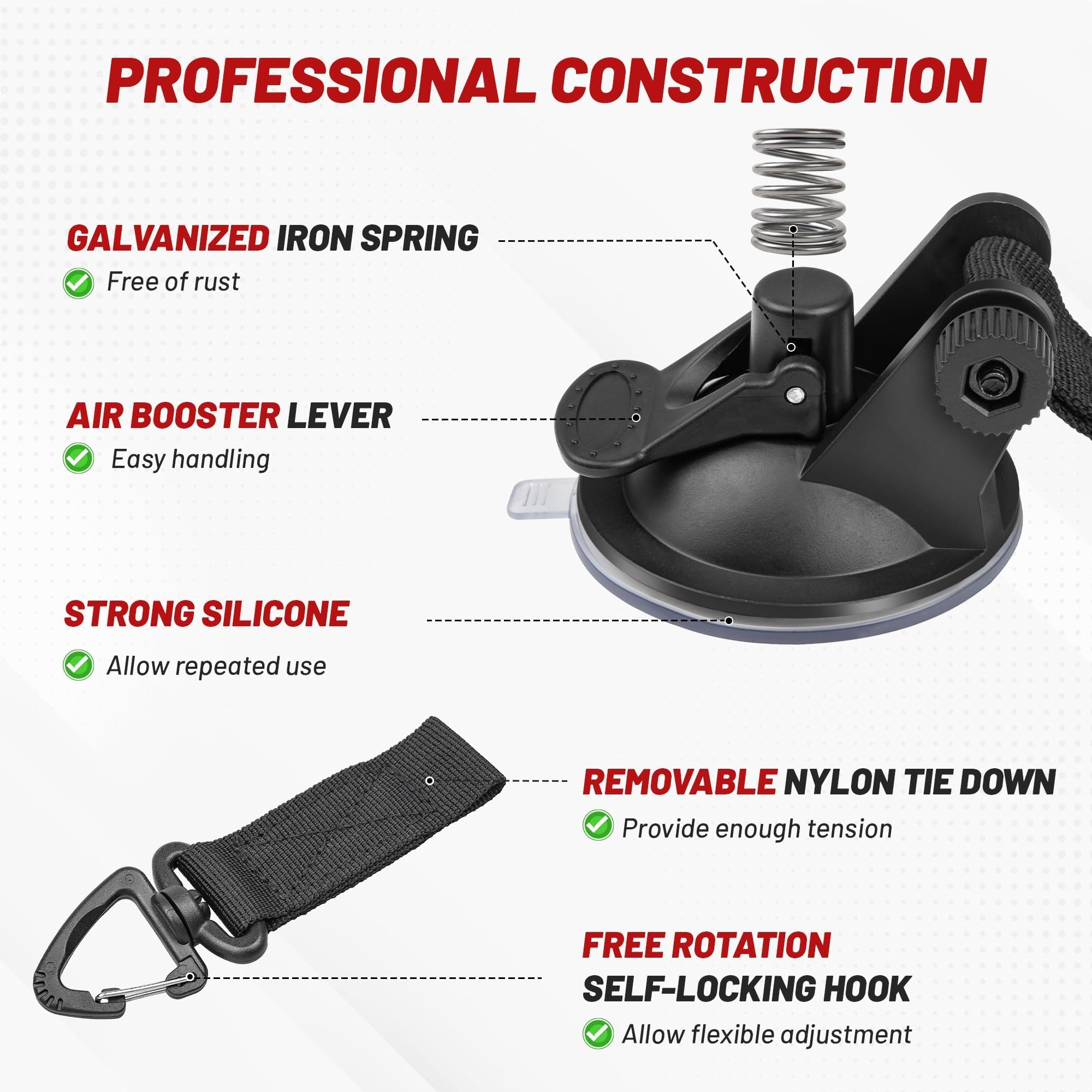 RED WOLF Heavy Duty 65MM Suction Cup Anchor Tie Down with Rotatable Hanging Hook Hold up to 22 LBs/10KG Each for Outdoor Camping