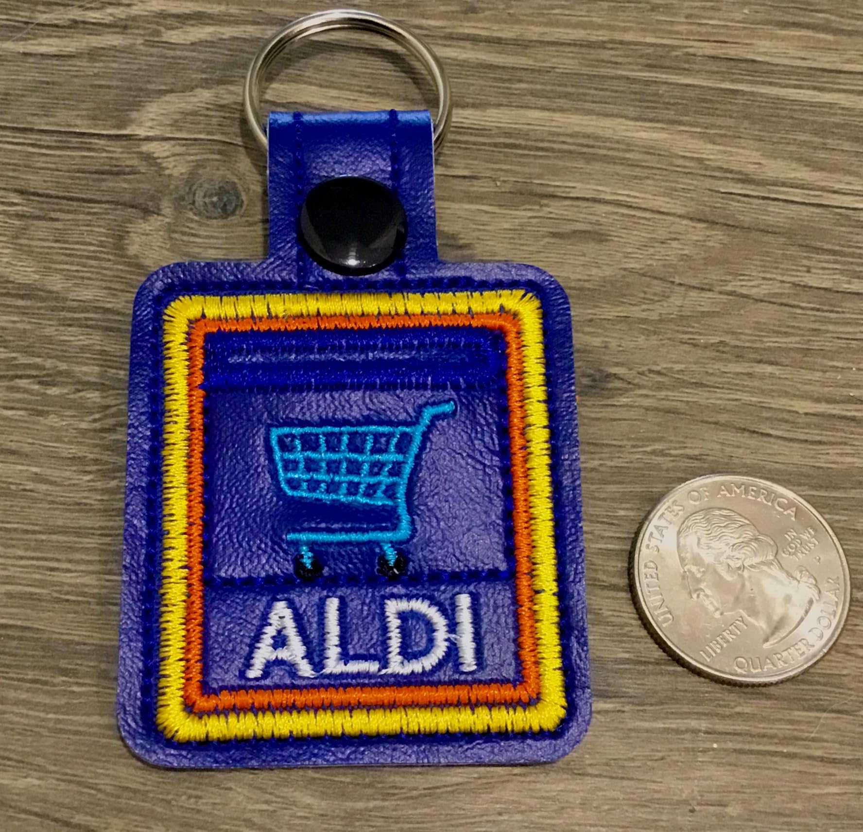 Generic Aldi Quarter Holder Keychain Coin Keeper - Handmade Vinyl, 2.25" x 2", Blue/Yellow/Orange/White, Great Unisex Gift!