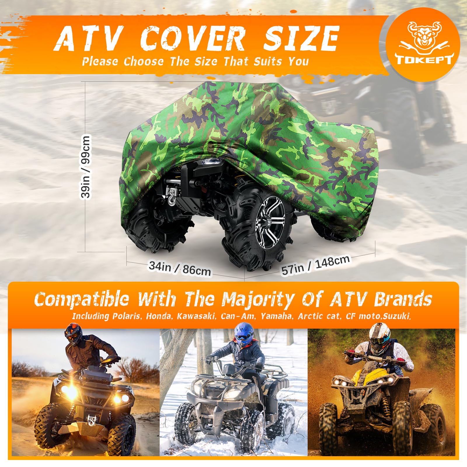 Tokept ATV Cover - Heavy Duty Waterproof Quad Cover, 57''L x 34''W x 39''H, Camouflage, Model TOP20267, All Season UV Protection