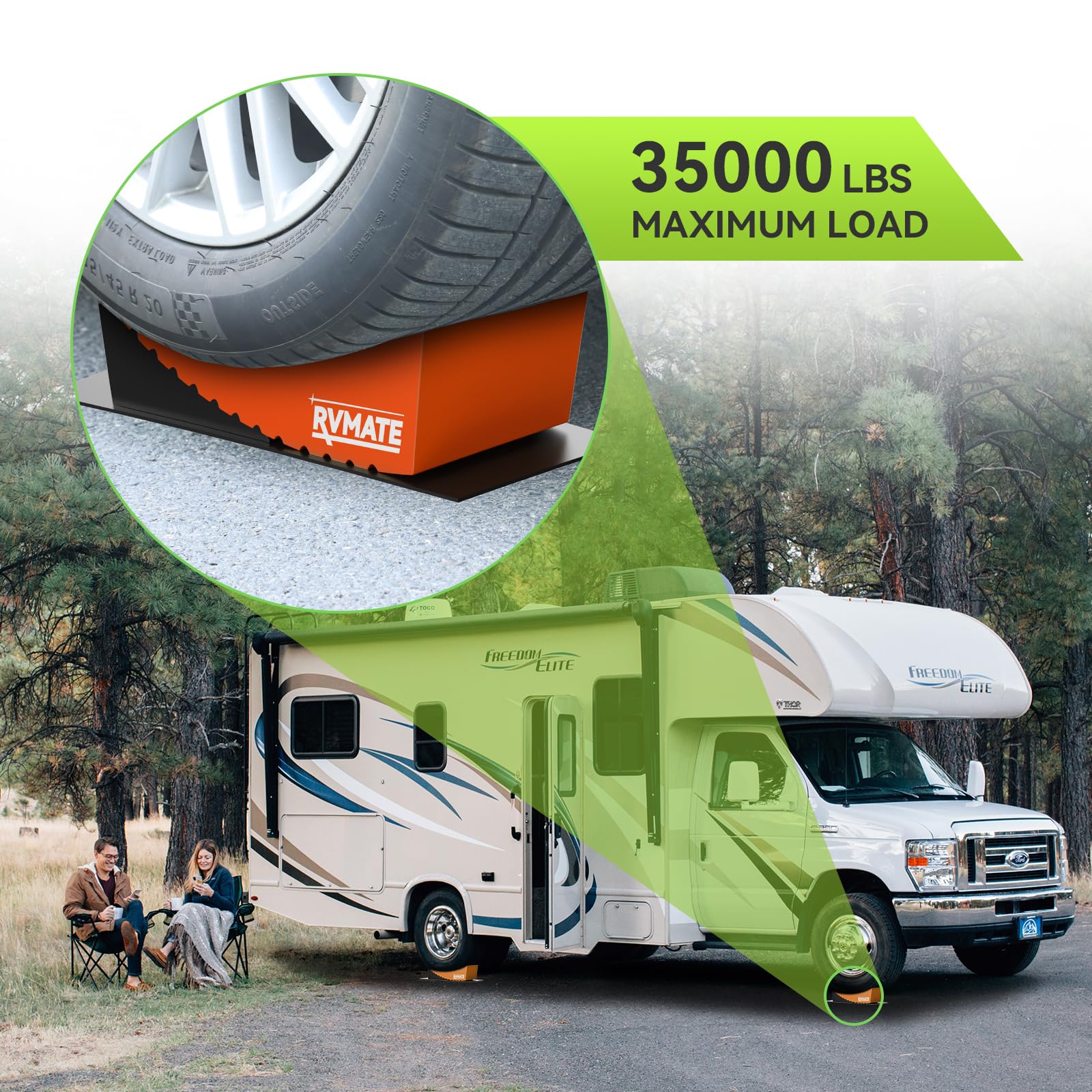 RVMATE Camper Levelers 8-Piece Kit - Includes Curved Levelers, Wheel Chocks, Level, and Grip Mats - Orange, Model RMLBK-O