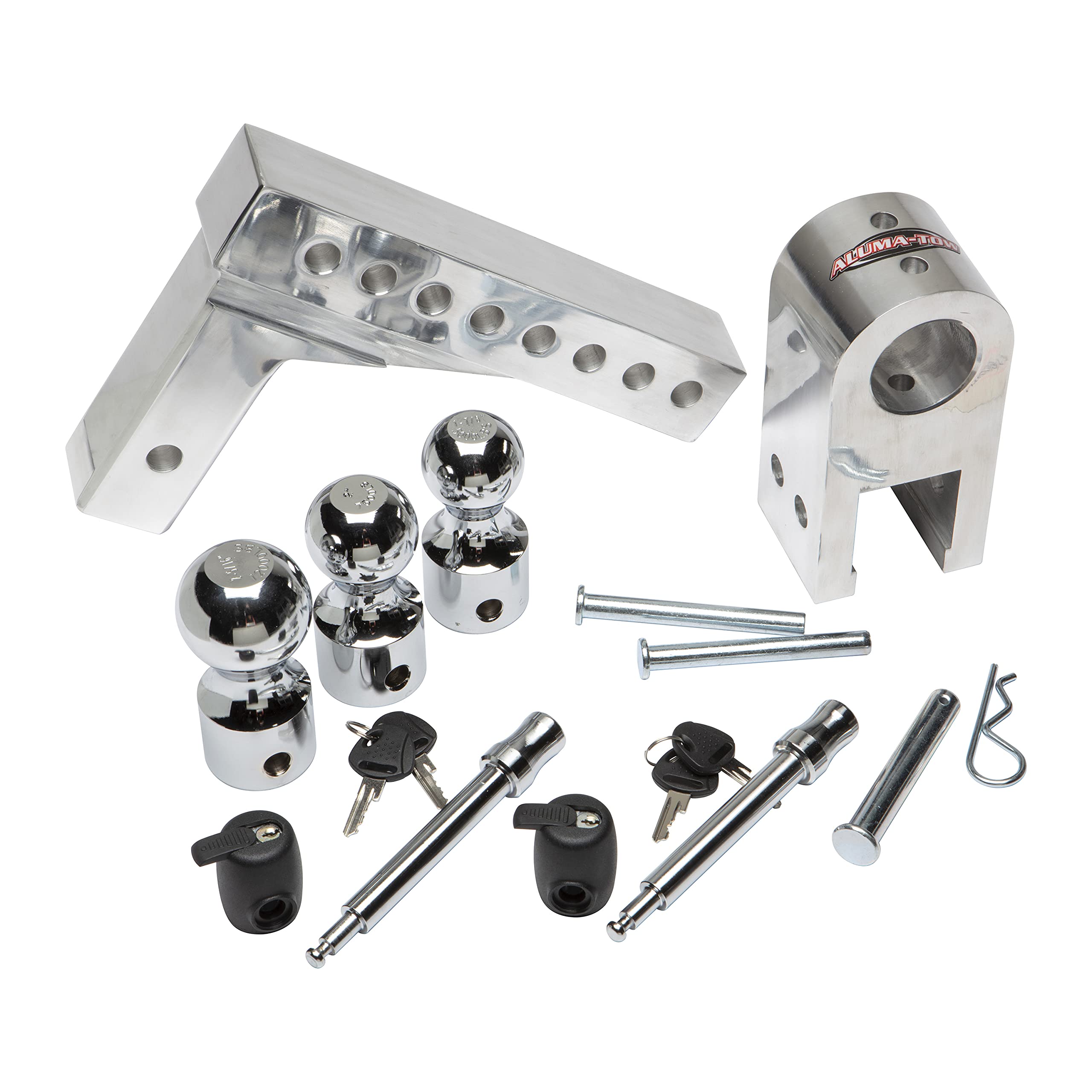 Uriah Products 8 Inch Drop Adjustable Aluminum Alloy Hitch Towing Mount For Tow Truck, Car, And Trailer With With Interchangeable Steel Hitch Balls