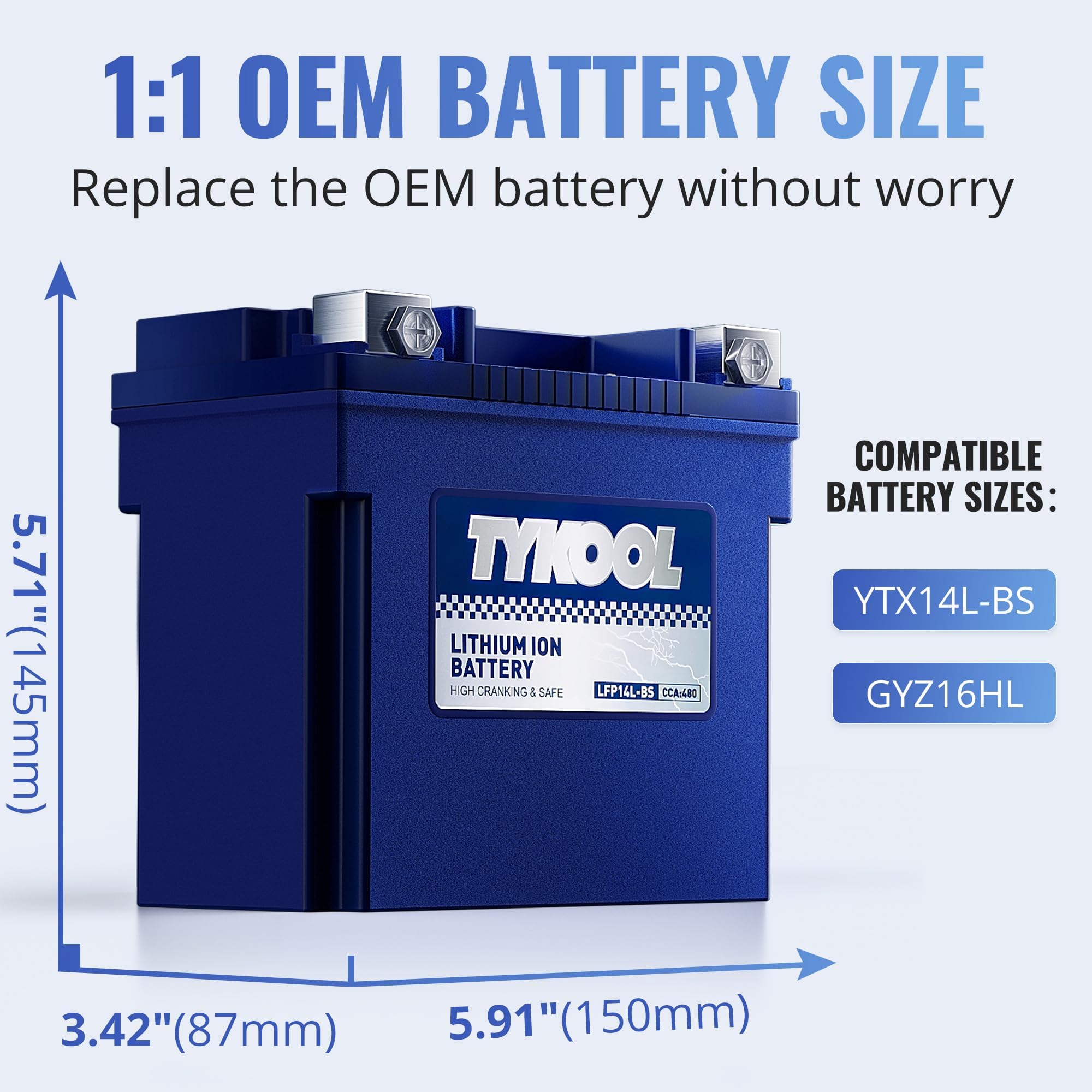 TYKOOL Lithium Motorcycle Battery YTX14L-BS 12V 8Ah 480CCA with Digital Readout & Built-in BMS Compatible with Harley-Davidson & Sea-Doo
