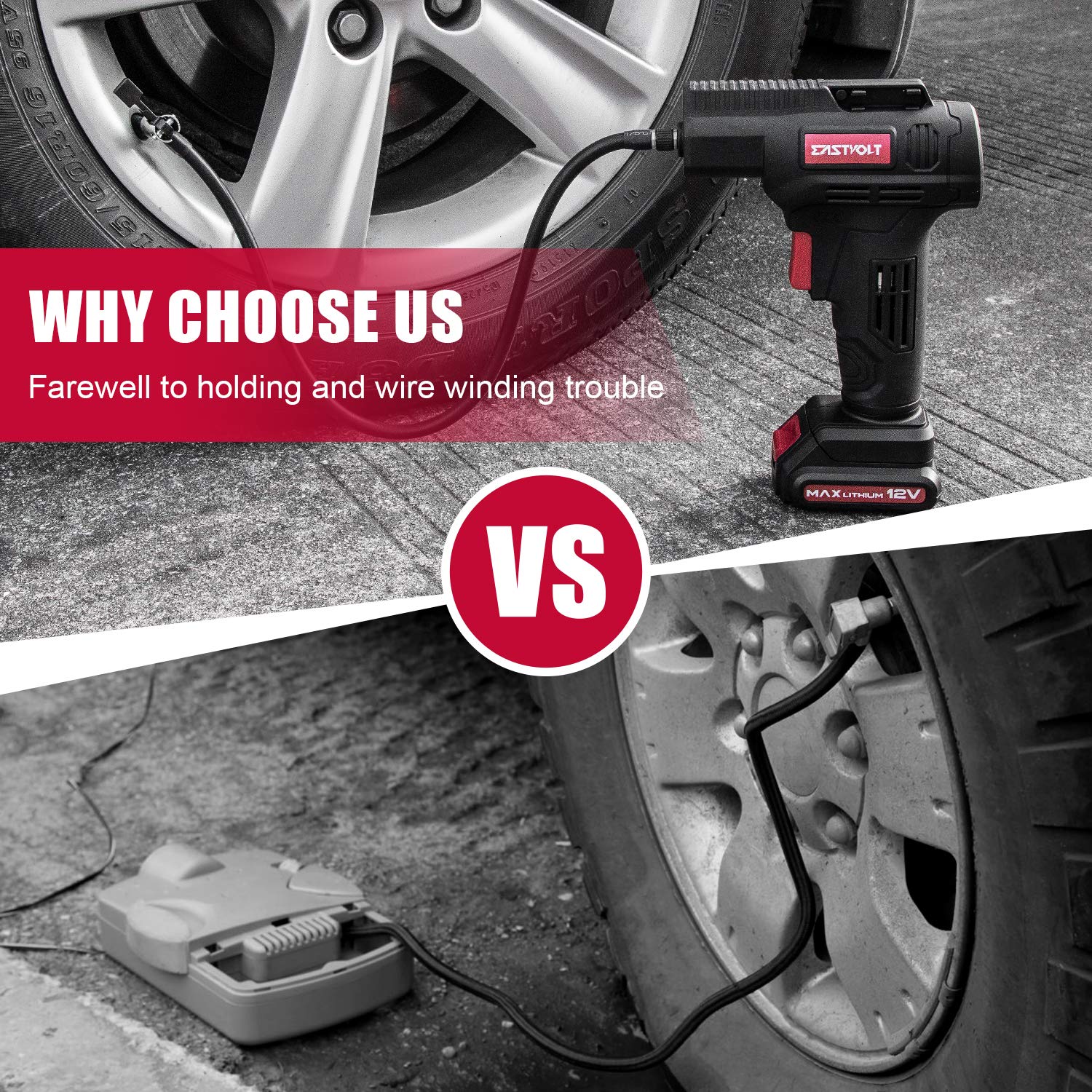 Eastvolt 12V Tire Inflator Air Compressor, Max 150PSI, Cordless, Black + Red, Model FF-02, Includes Fast Charger & Rechargeable Battery