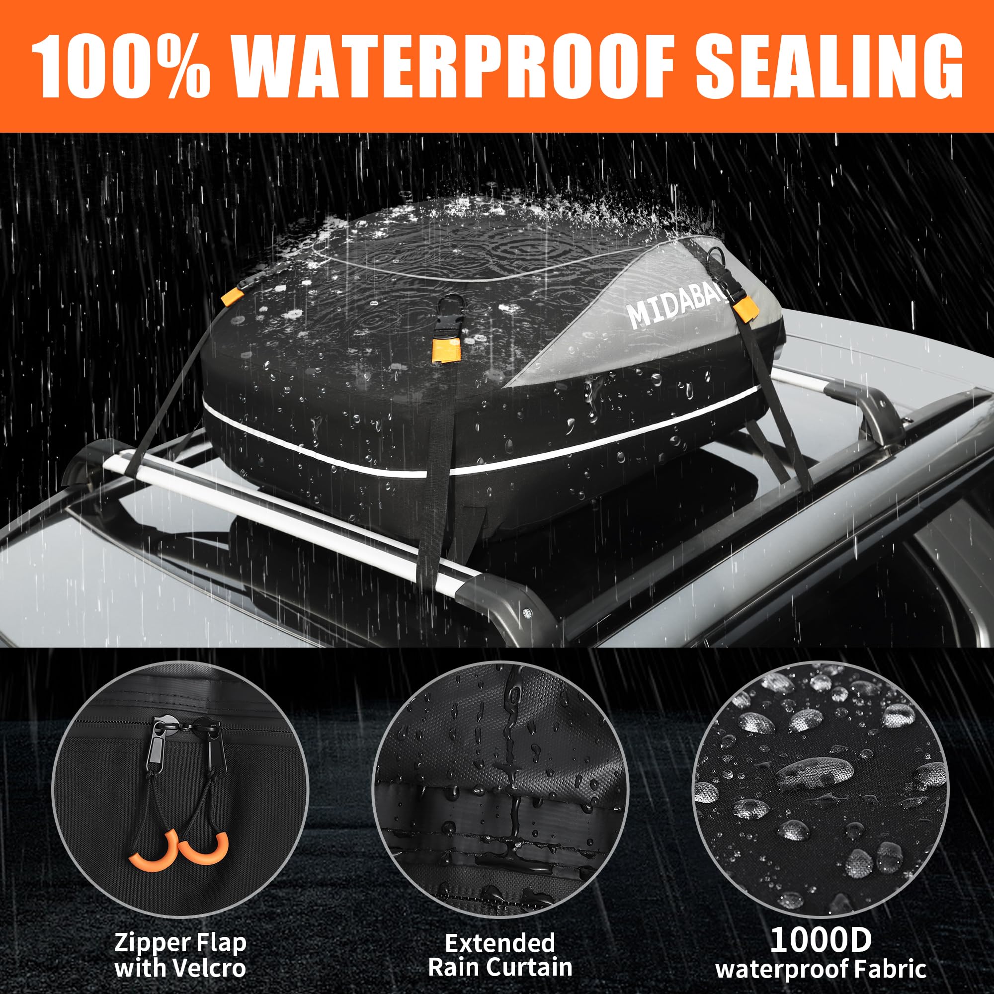 MIDABAO Waterproof Car Roof Top Carrier Bag, 12 Cubic Feet, Black, PVC Material, Includes Anti-Slip Mat, Model M-02