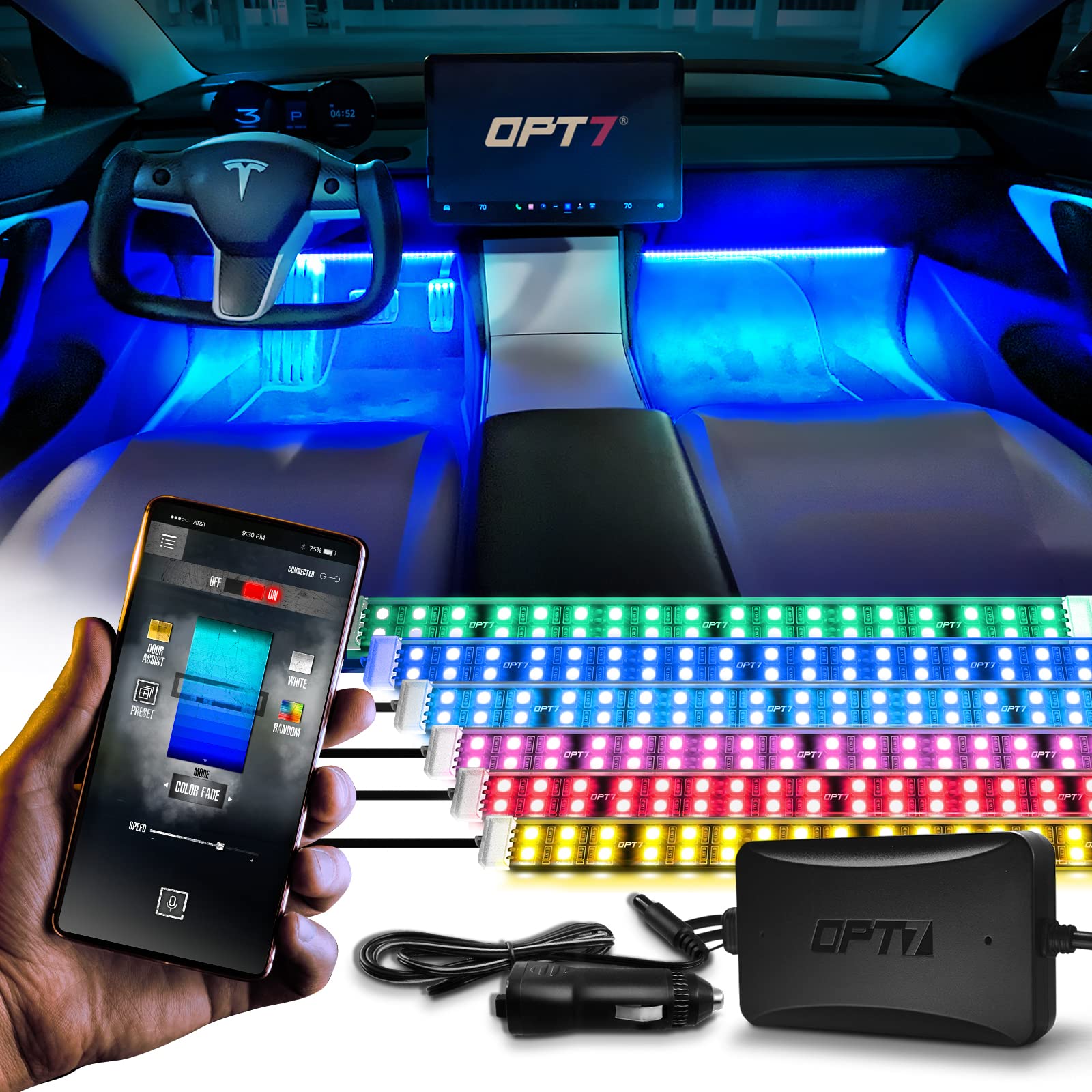 Opt7 Aura Pro 6Pc Double Led Interior Strip Lights With App & Remote Control, Multicolor Mode, Sound Active Inside Ambient Light