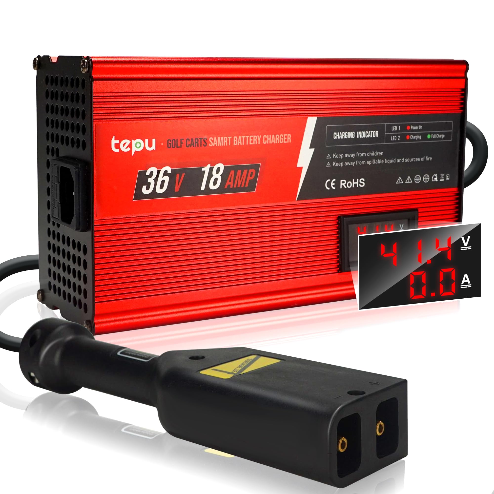 Upgraded 36 Volt 18 Amp Golf Cart Battery Charger with Voltage Display, for EZG0-D Type Plug,16 Feet, 900w, Ful Charge in 4to 6 