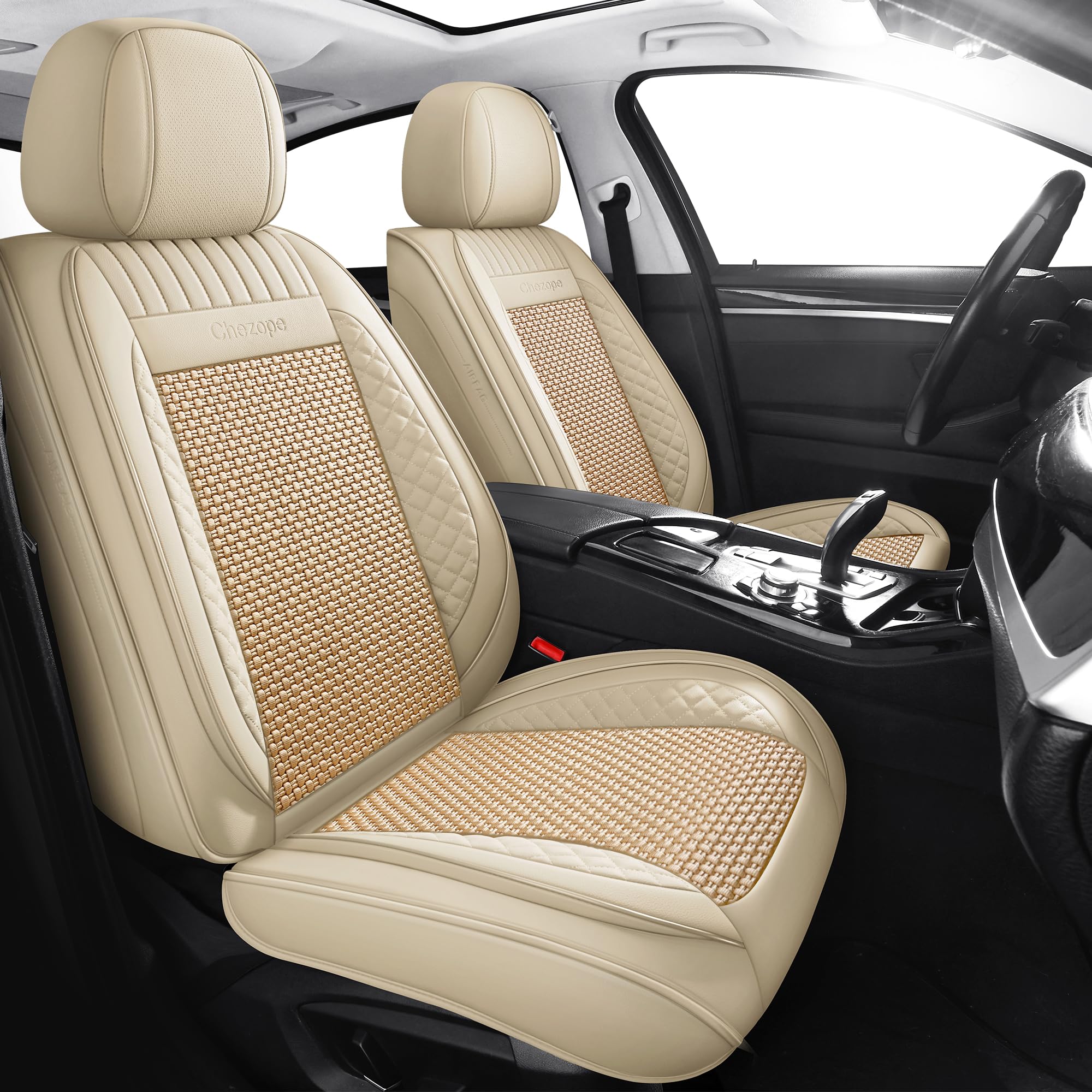 Chezope Black Beige Automotive Car Seat Covers Full Set Universal for Women Men Fit for Most Cars SUV Sedans Trucks Leather Wate