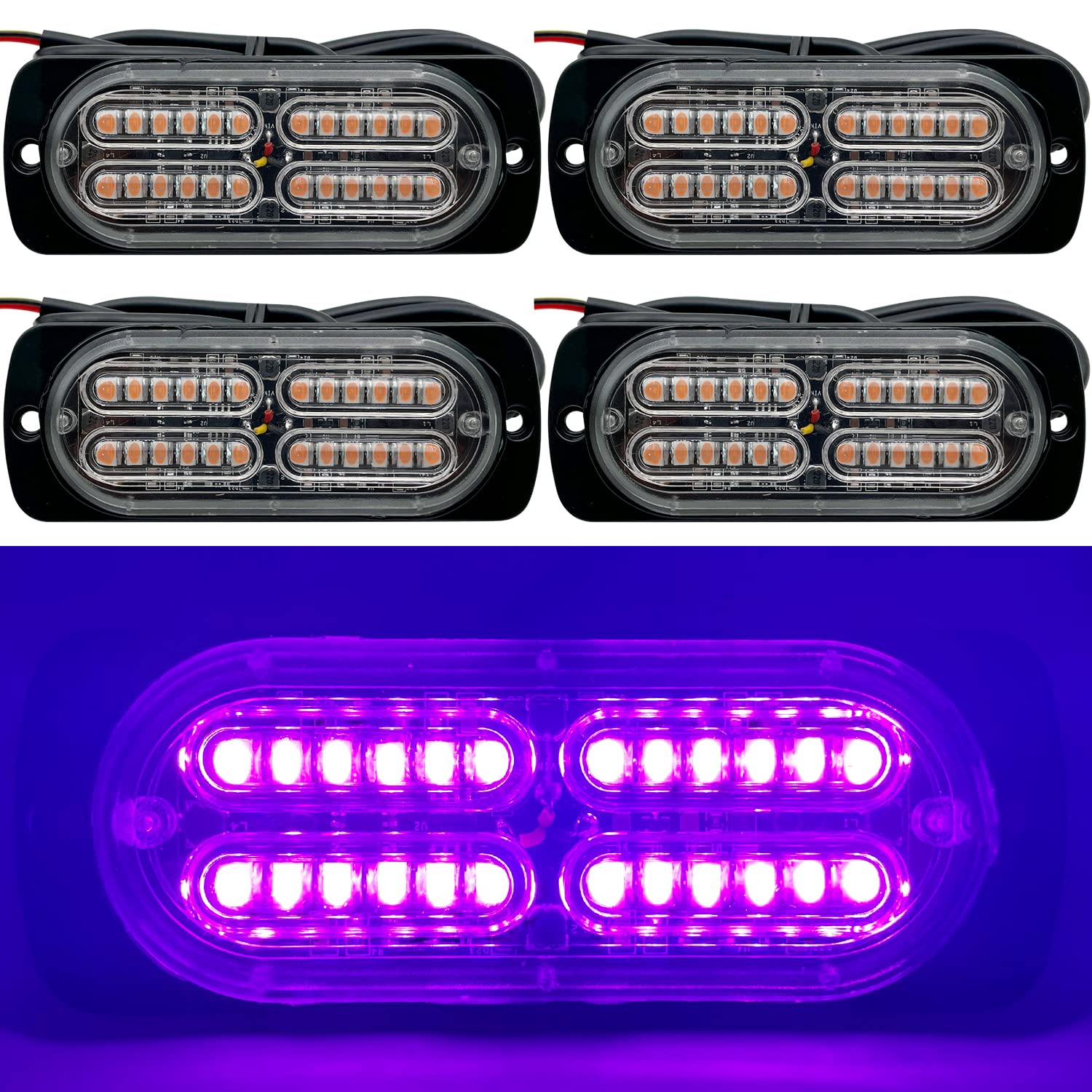 EASE2U E 20-LED Amber Strobe Light Bar - Waterproof, 12-24V, Purple, 32 Flashing Modes, 4PCS for Car Truck SUV Van