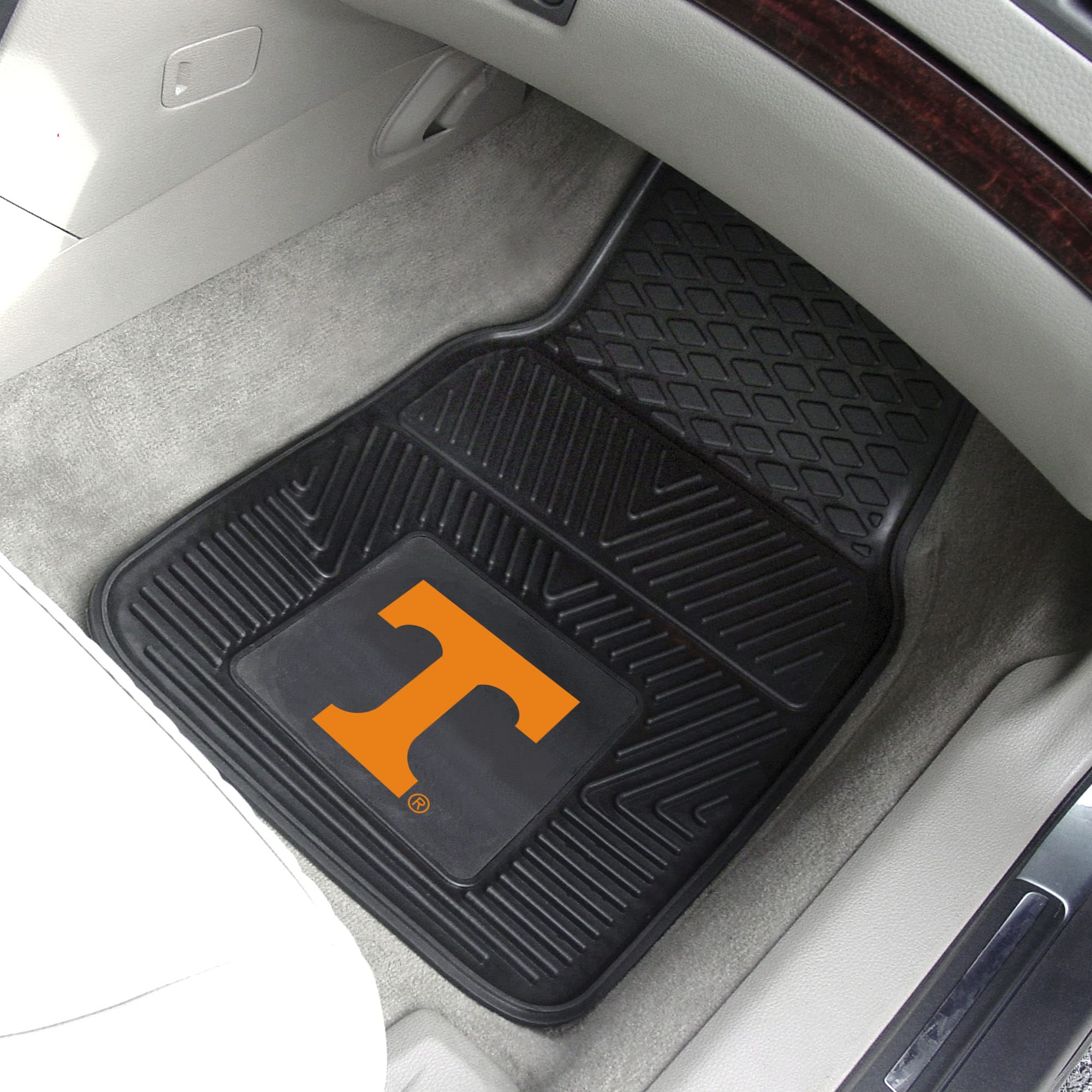 FANMATS Vinyl Car Mat Set - 4-Pc Universal Size, Black, Model 39384, Front & Rear - University of Tennessee Primary Logo