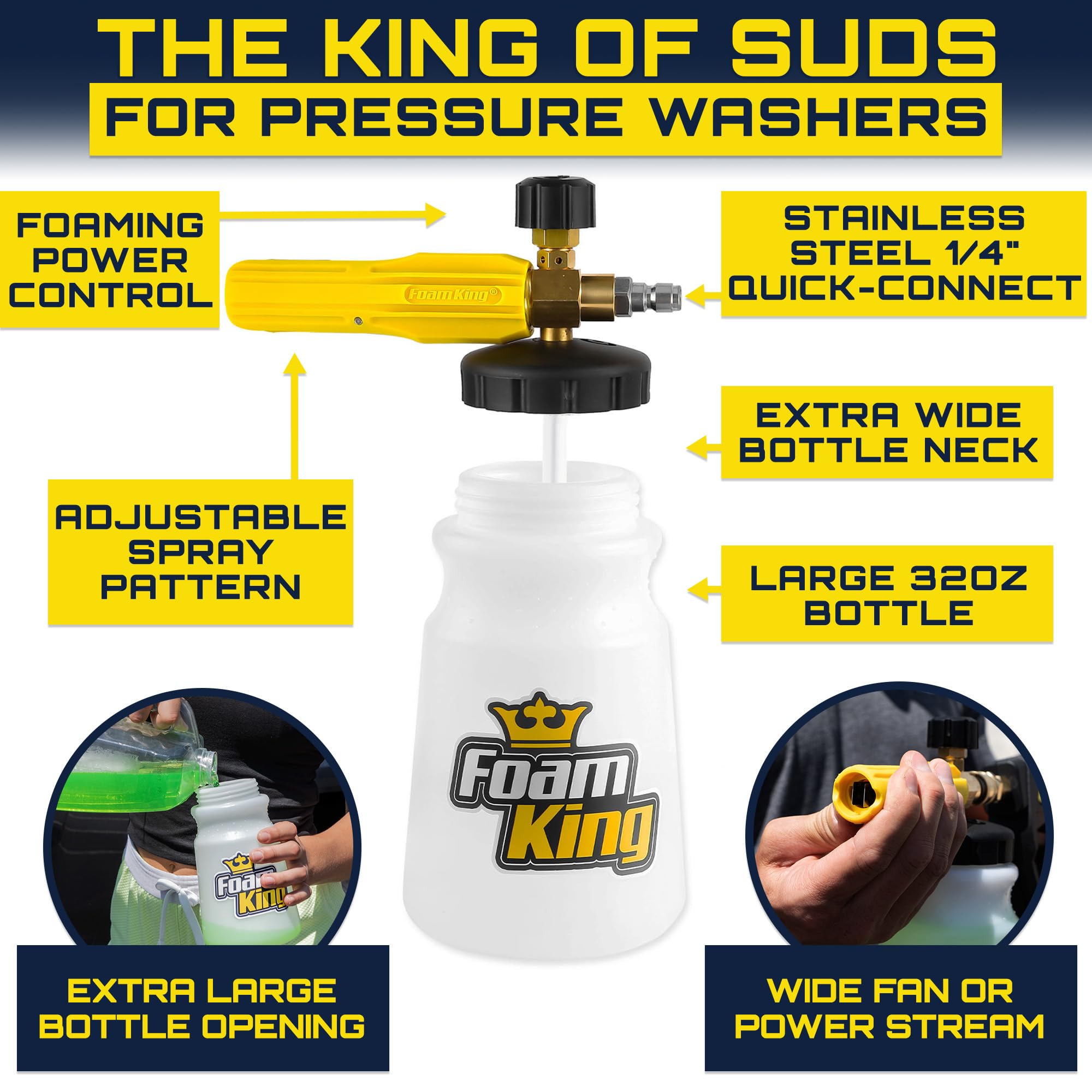 Foam King™ Foam Cannon Sprayer - Car Wash Cleaning For Gas & Electric Pressure Washers - Wide Neck, Wide Base, Heavy Duty - Professional Car Detailing Snow Foam Blaster